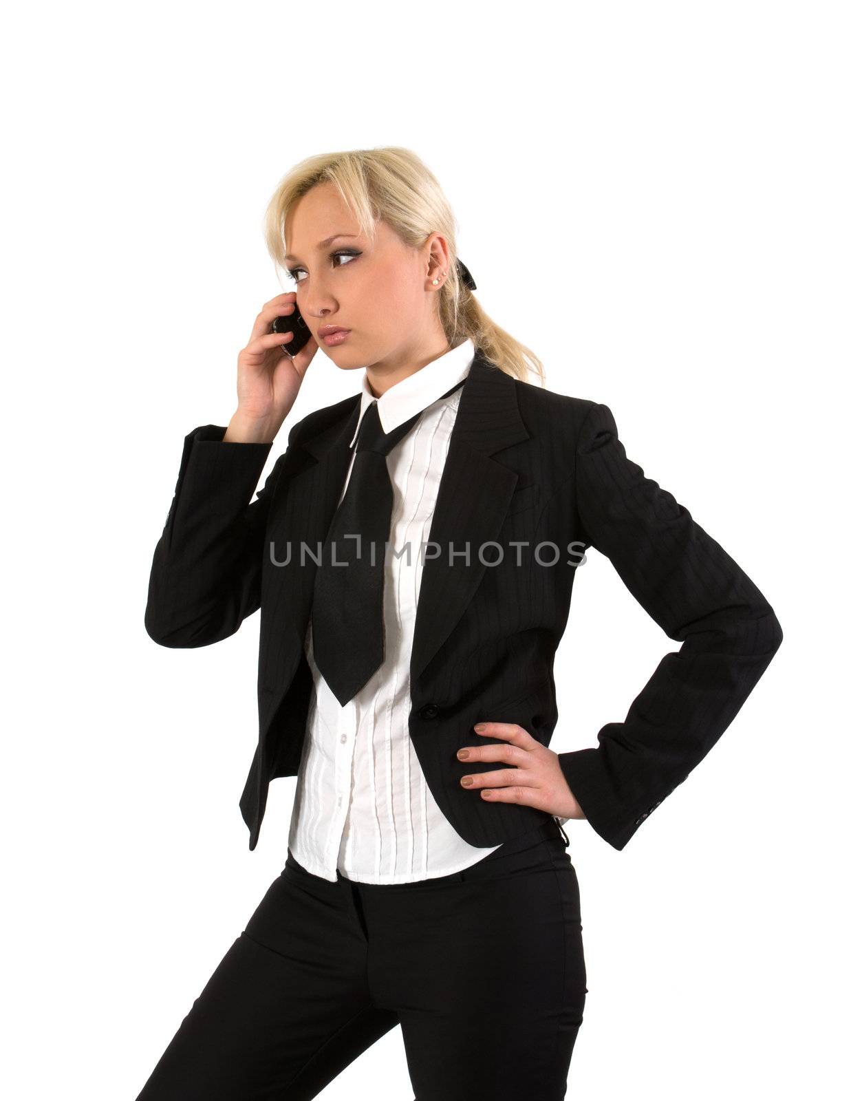 Blonde talking on mobile phone isolated a white background.