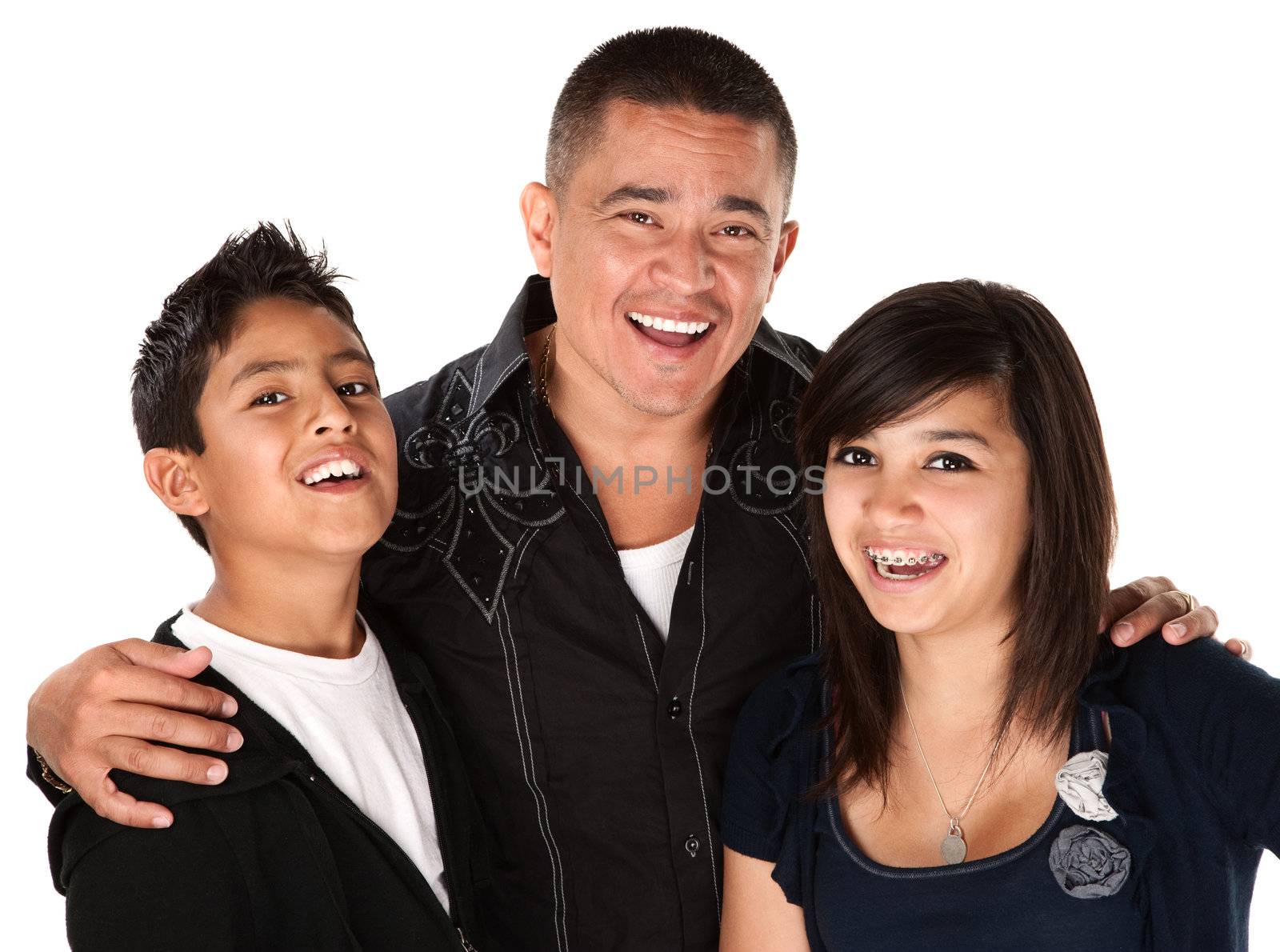 Smiling Hispanic father with happy children on white background