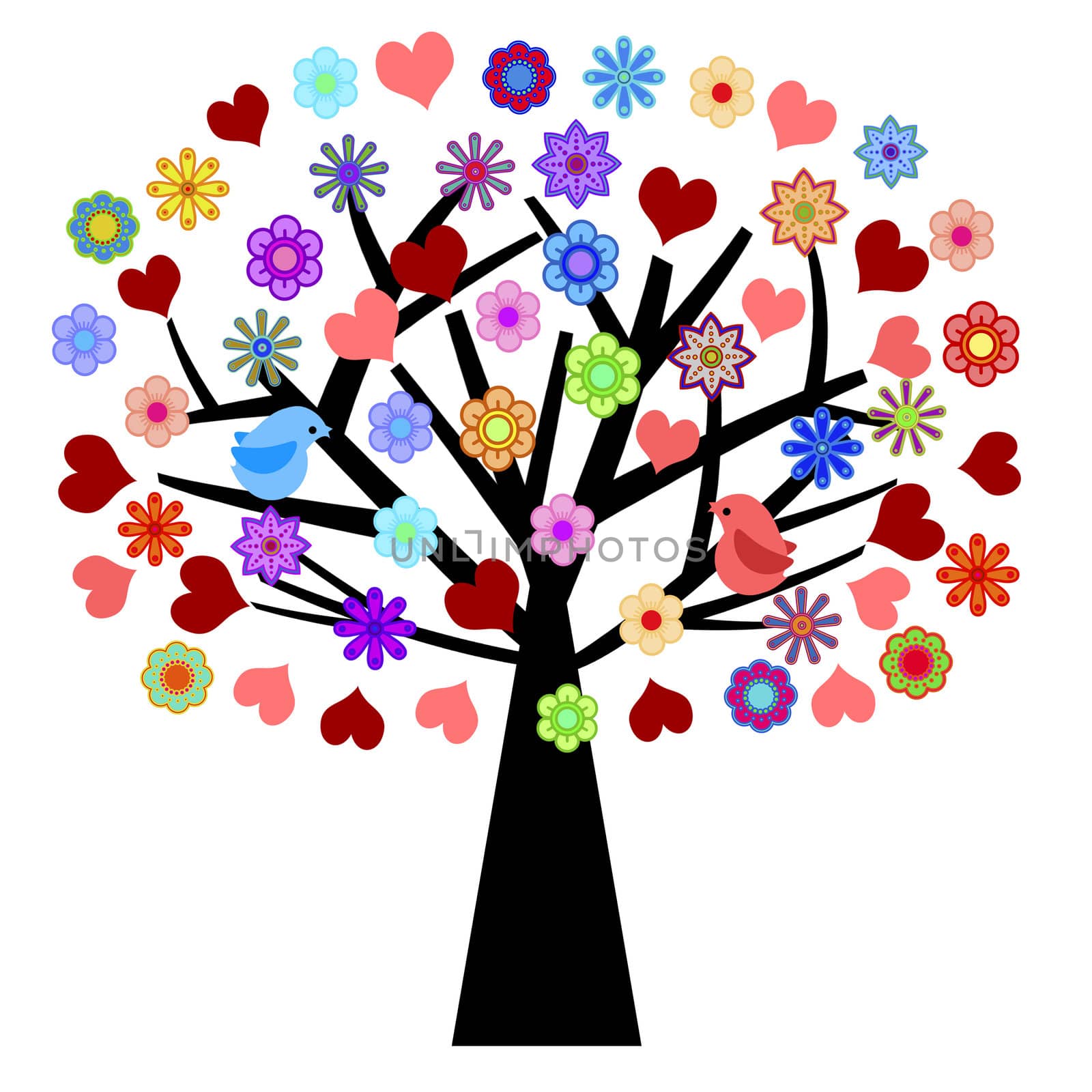 Valentines Day Tree with Love Birds Hearts Flowers Illustration