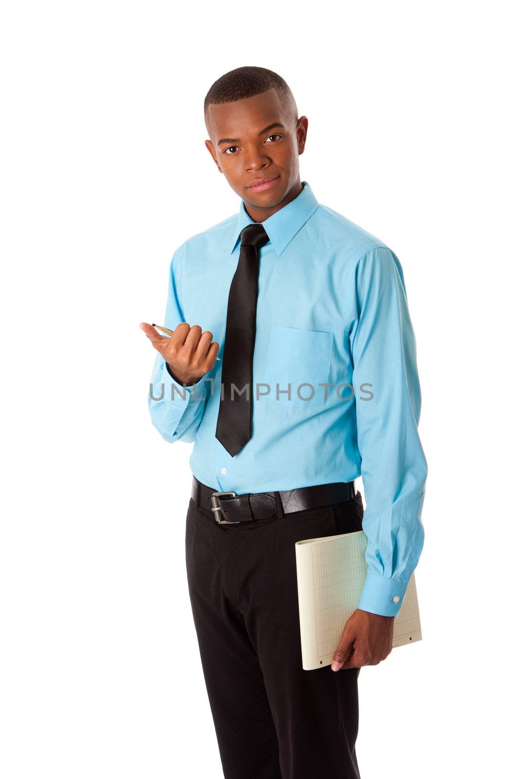 Handsome happy young male corporate MBA business student in blue shirt and black tie clicking pen holding notepad, isolated.