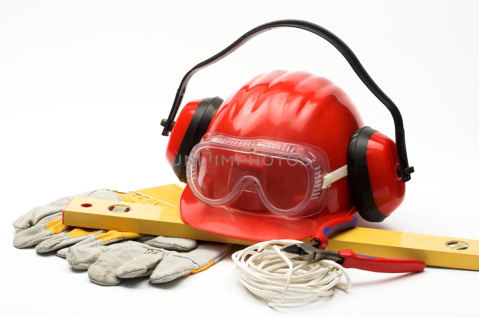 Safety gear kit and tools close up