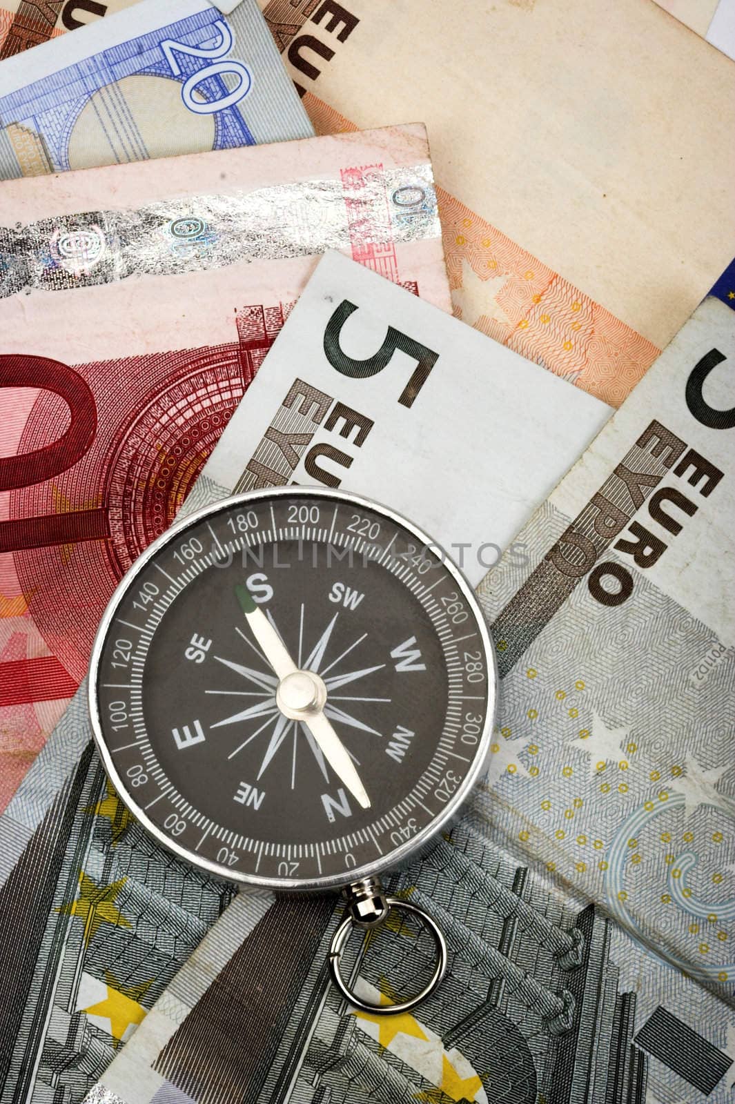  Euro bills and compass, close up

