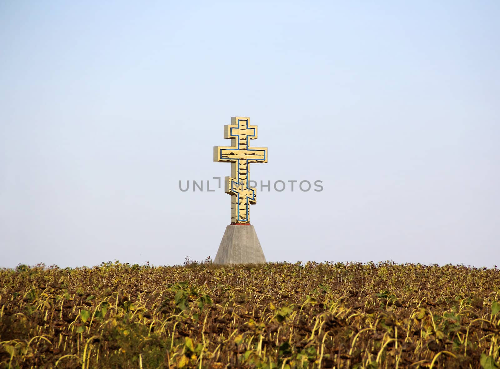 Autumn landscape with faded sunflower and cross