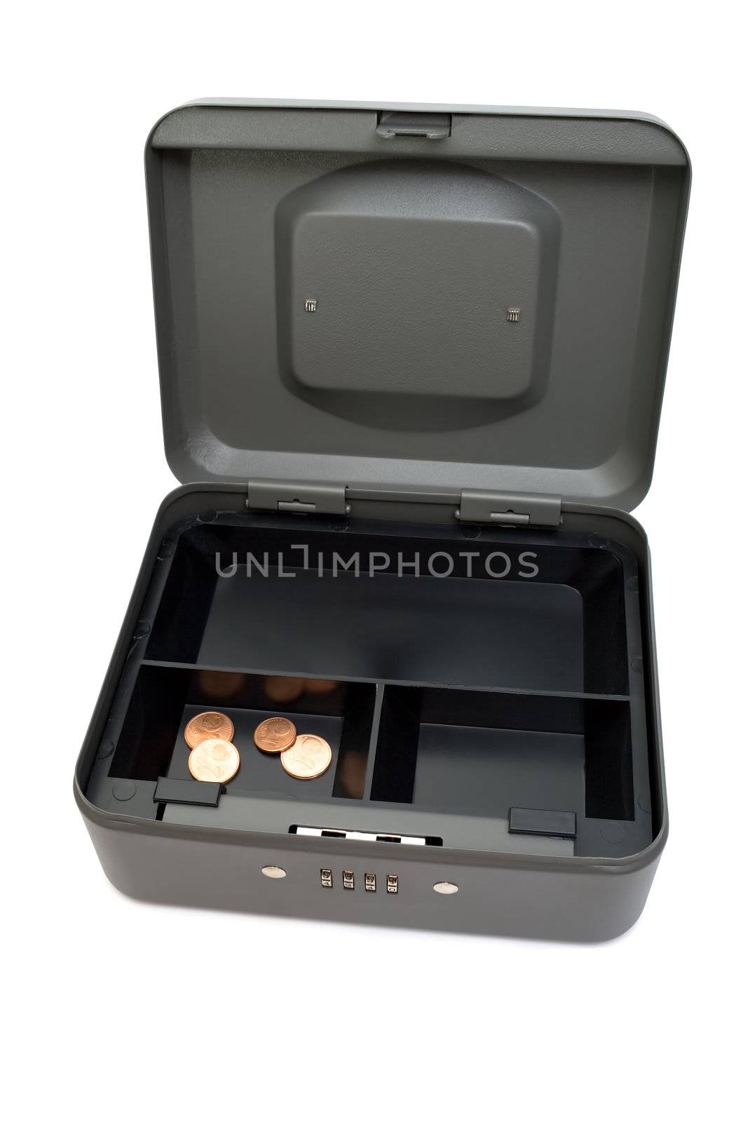Almost empty cashbox. Last cents in the open cashbox. Isolated on white.