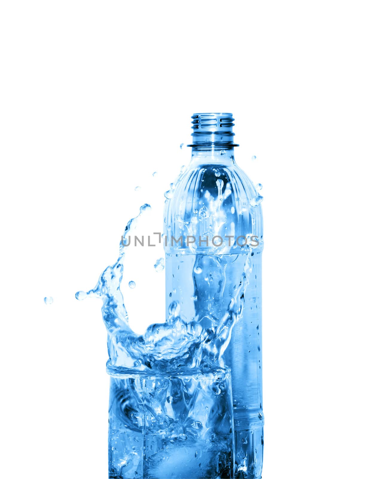 Glass of splashing water and plastic bottle isolated on white background with clipping path