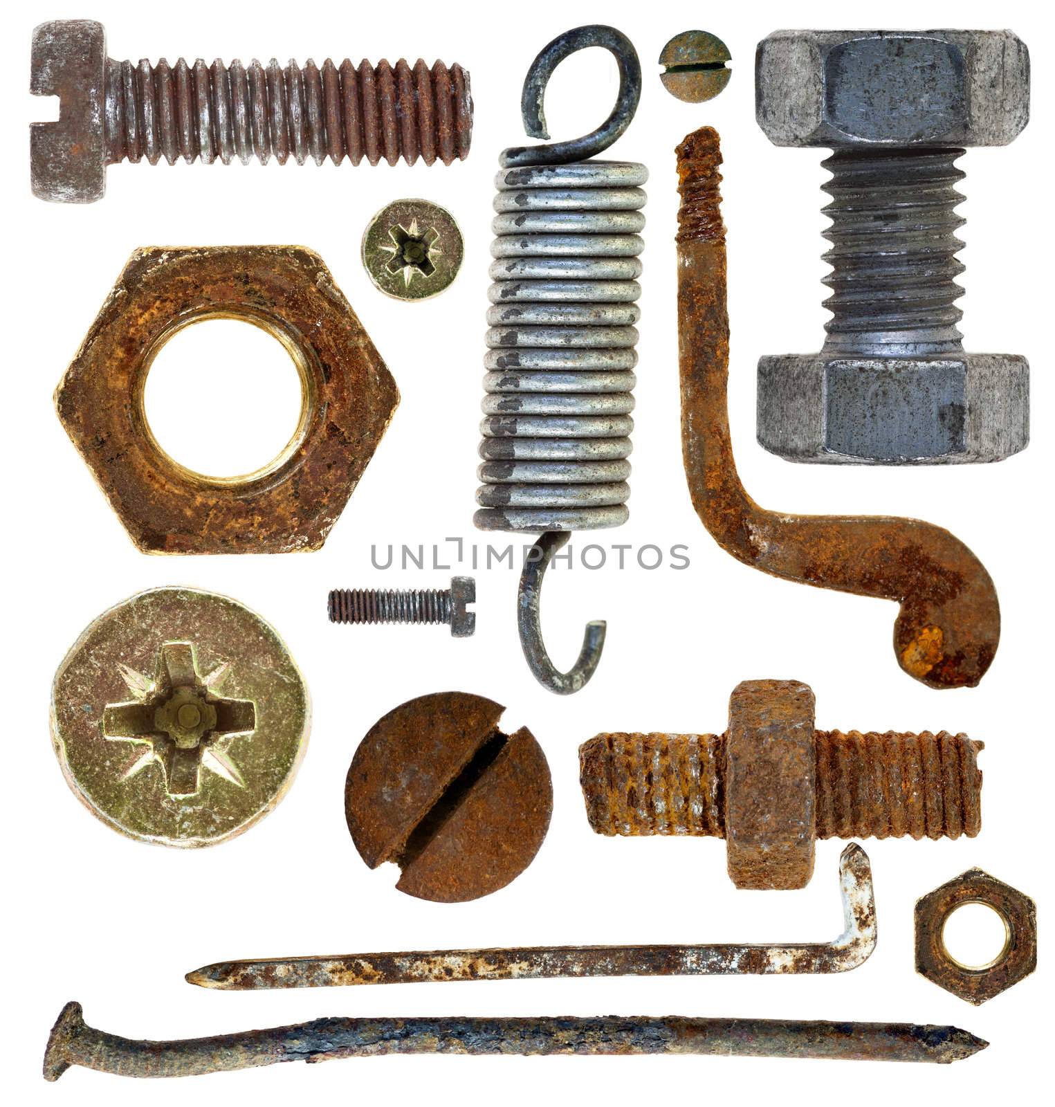 old rusty screws heads nails hook spring by Mibuch