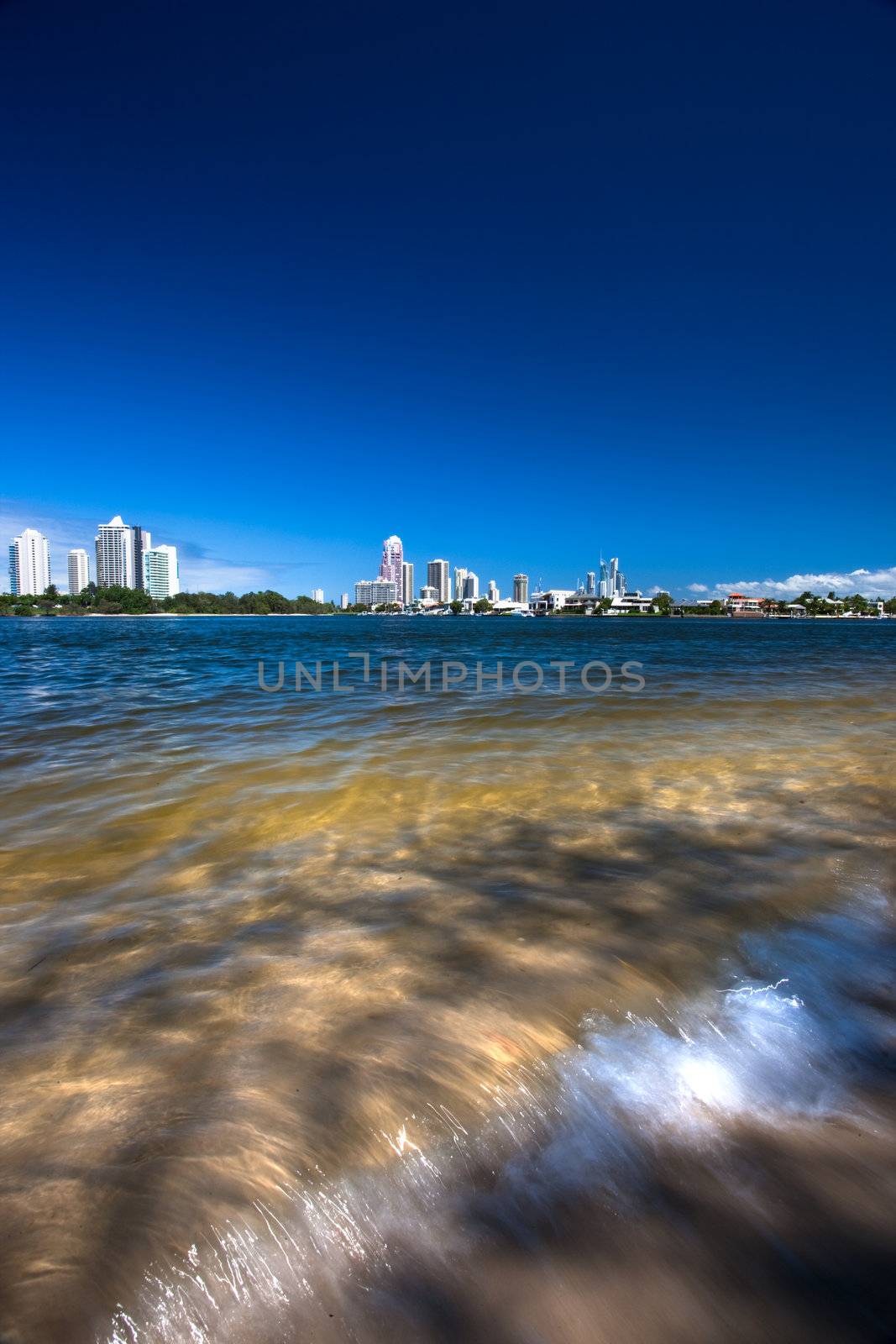 View of the city from a small waterfall