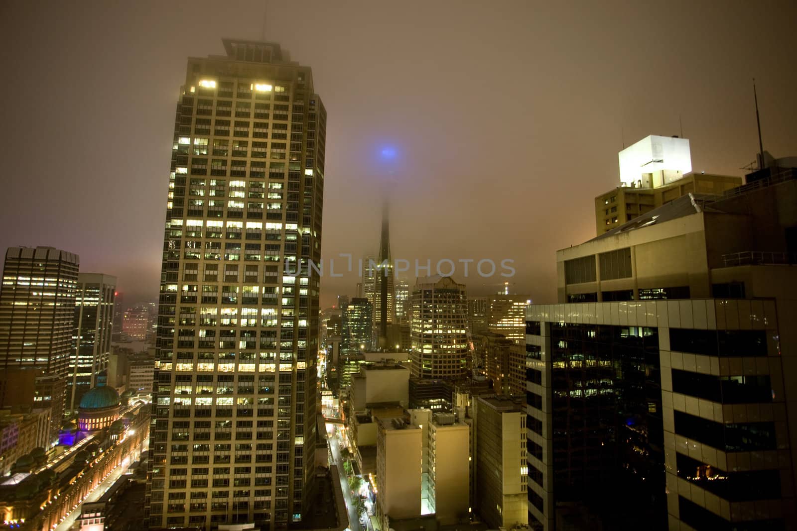 Night time view of a city. 