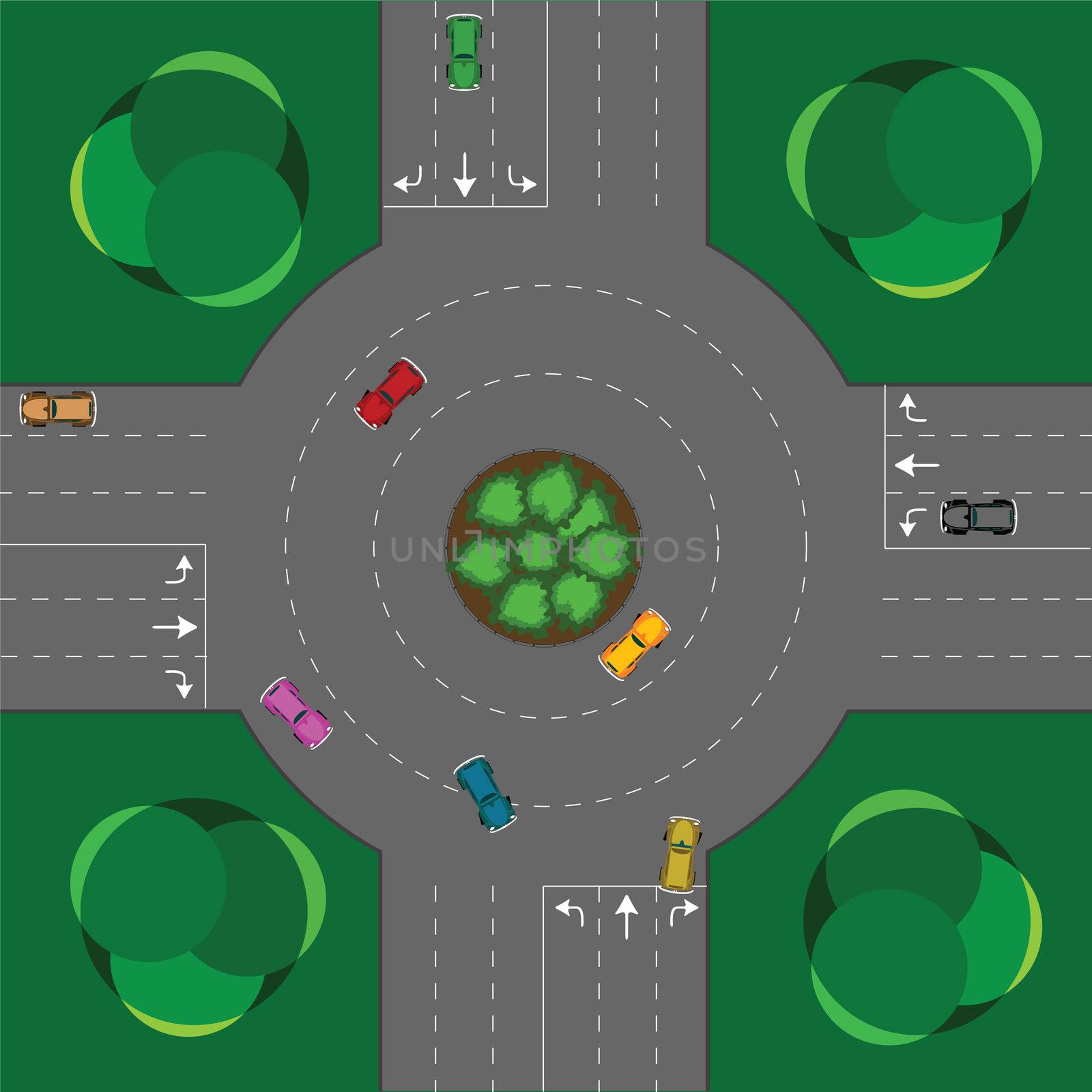 round intersection, cars and trees; abstract vector art illustration