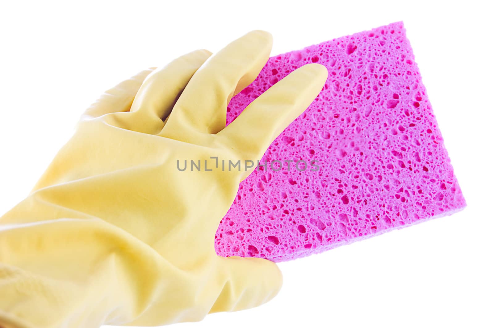 Hand in rubber glove cleaning with sponge over white
