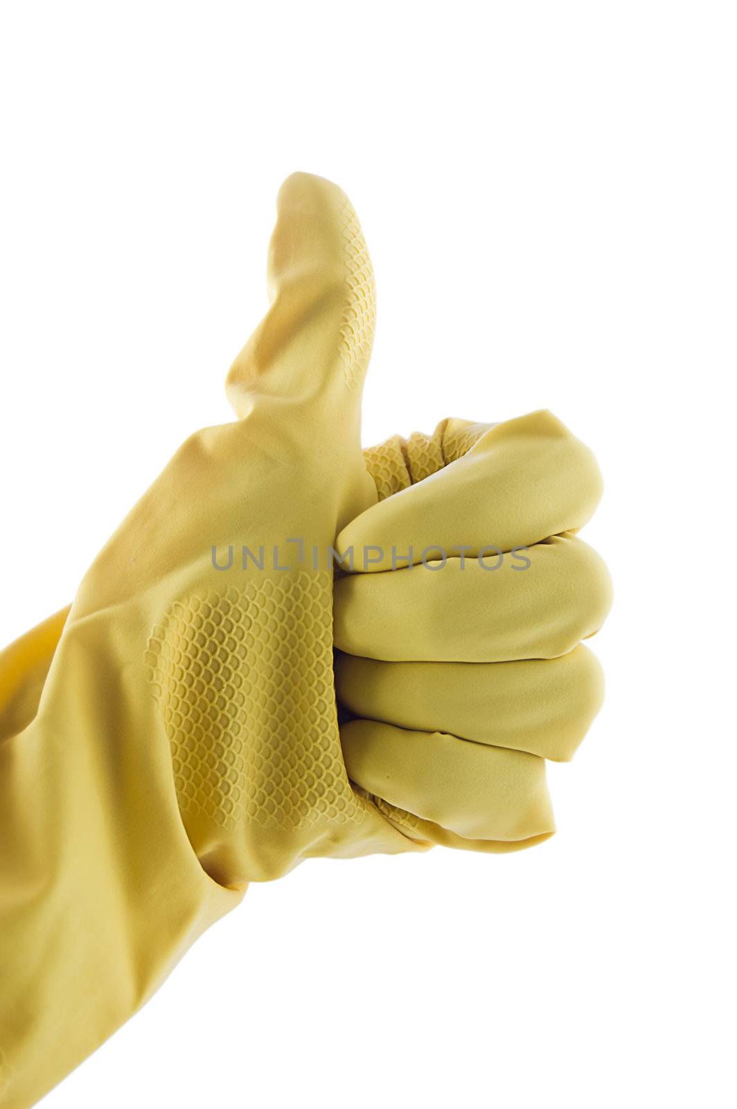 Thumb up in yellow working glove on white