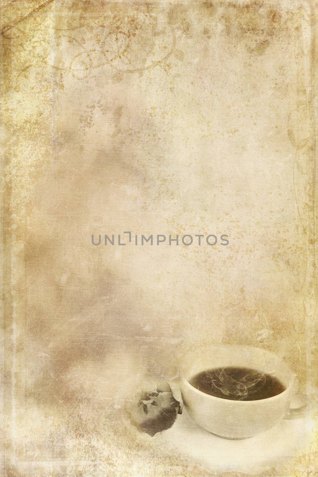 Textured paper background with steaming cup of coffee in lower corner and copy space.