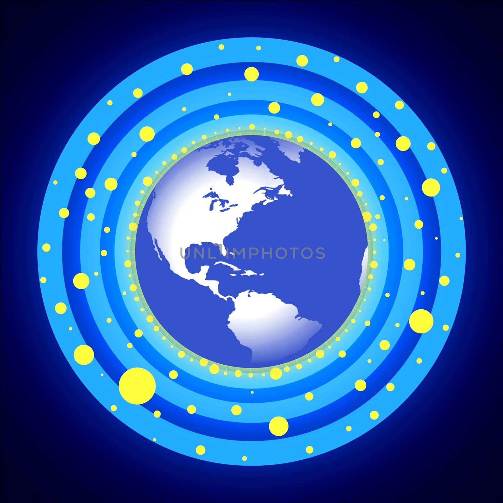 Illustration of planet earth with blue rings and yellow dots