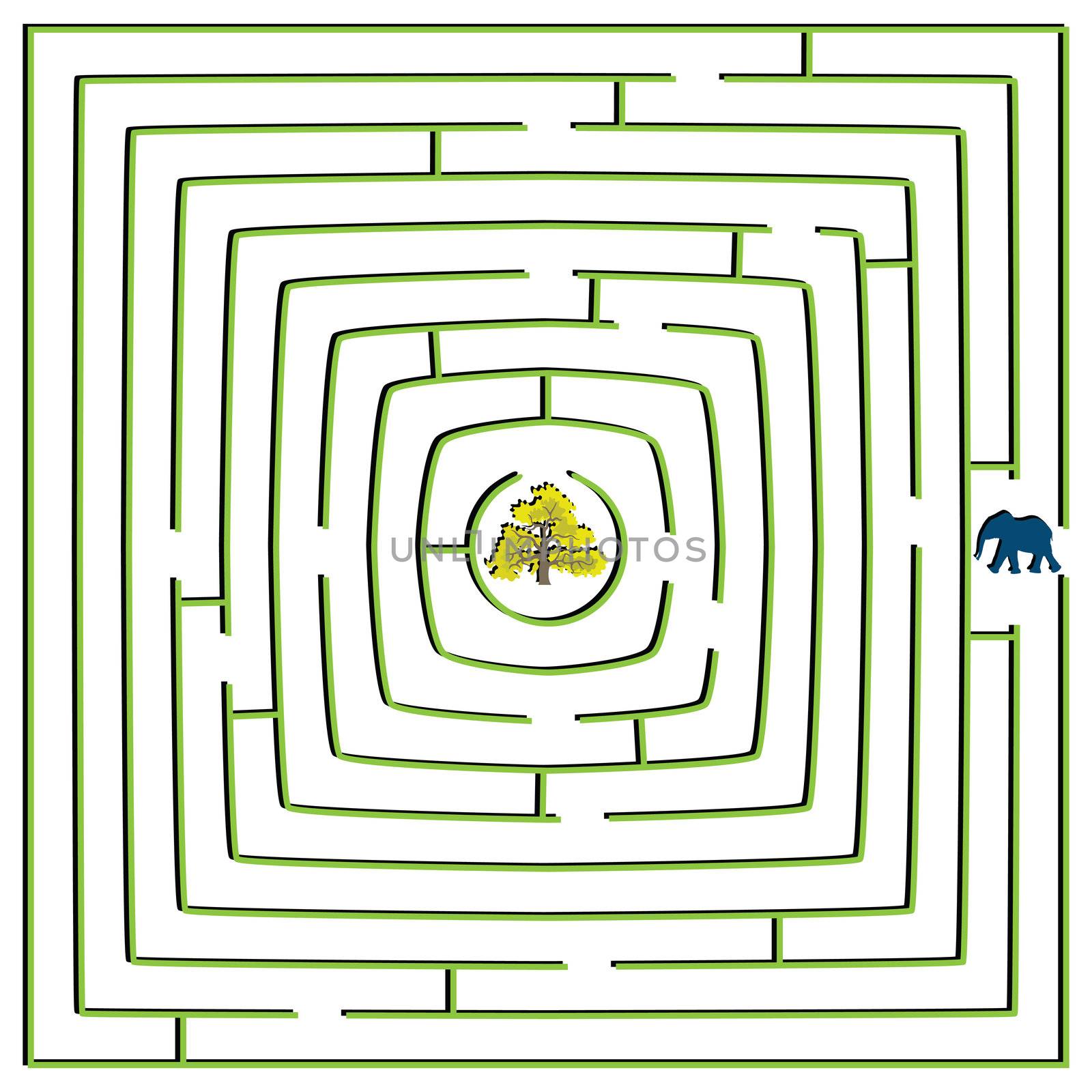 round square maze with elephant and tree, abstract vector art illustration