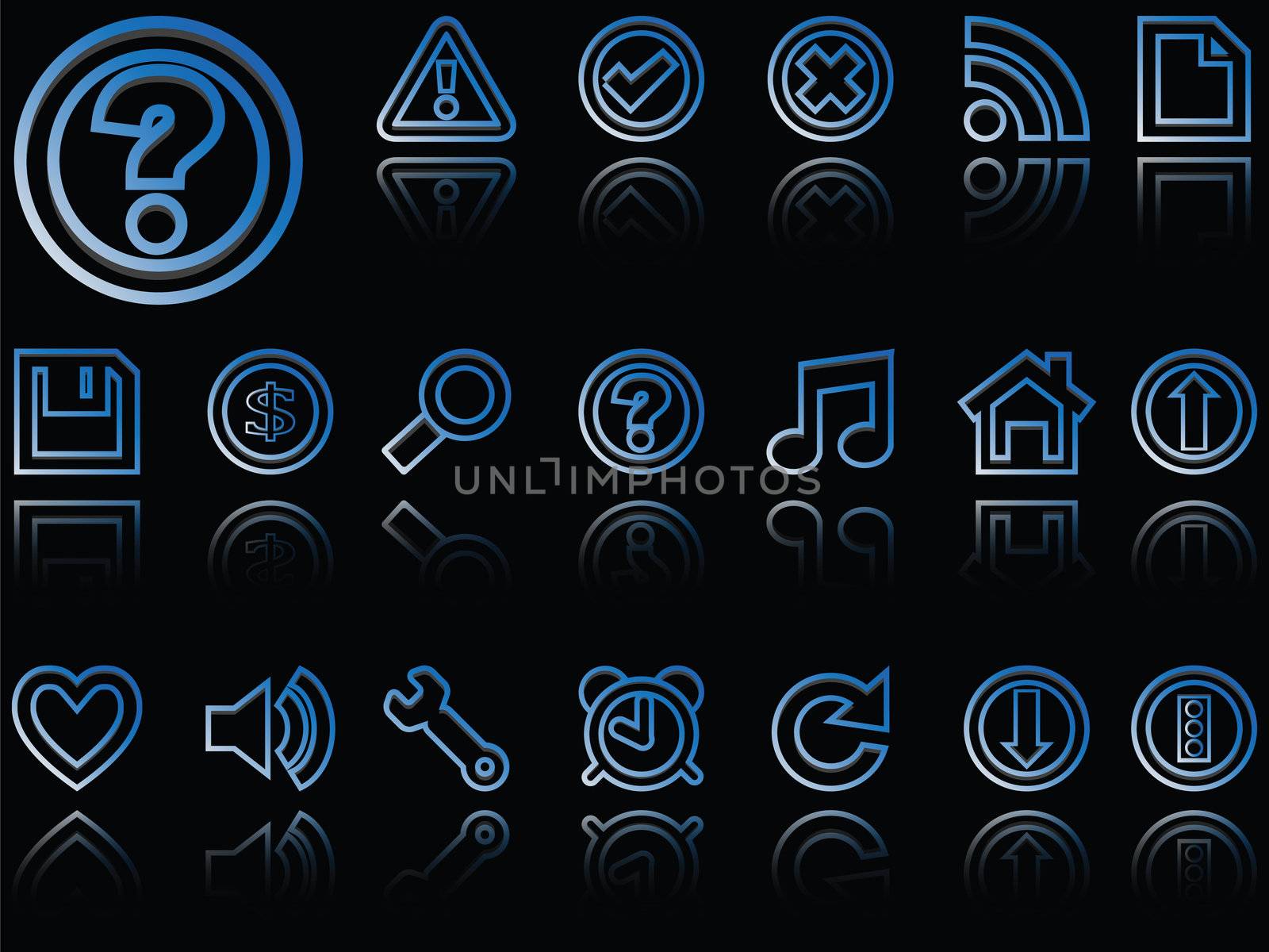 web icons reflected against black background, abstract vector art illustration