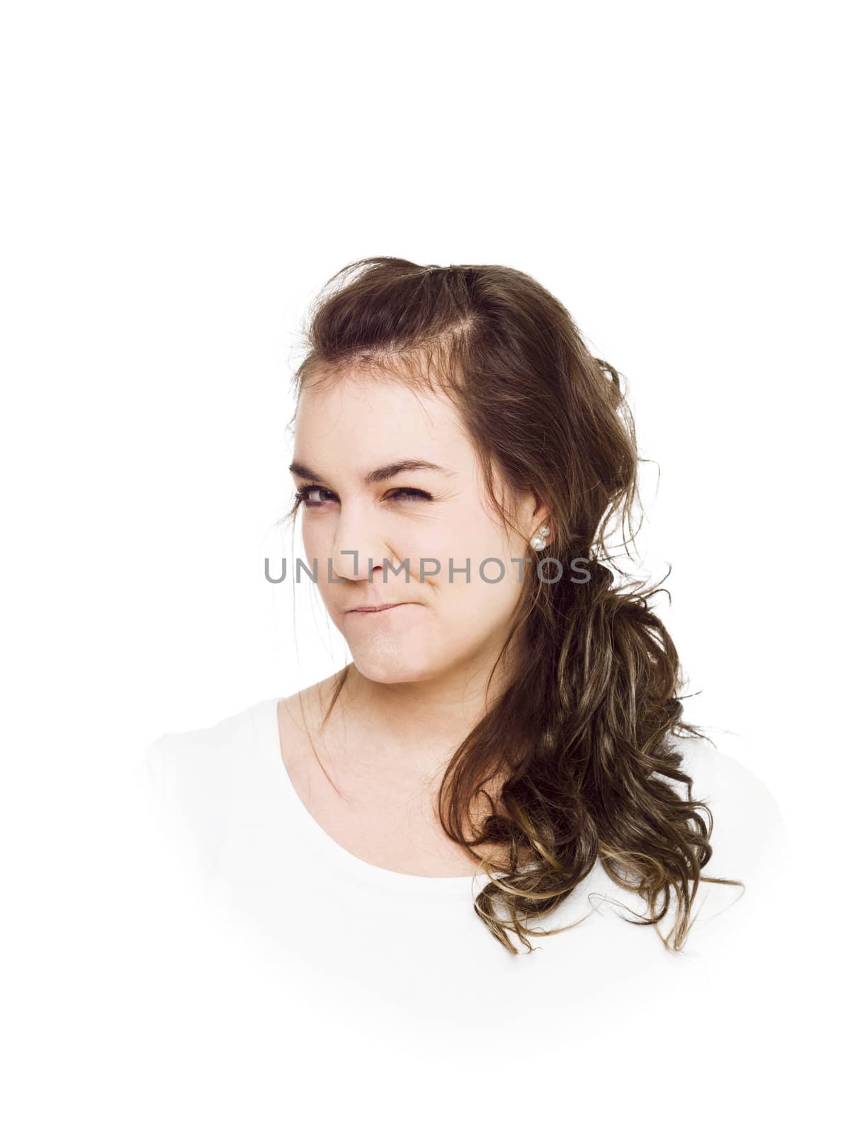 Young woman on white background