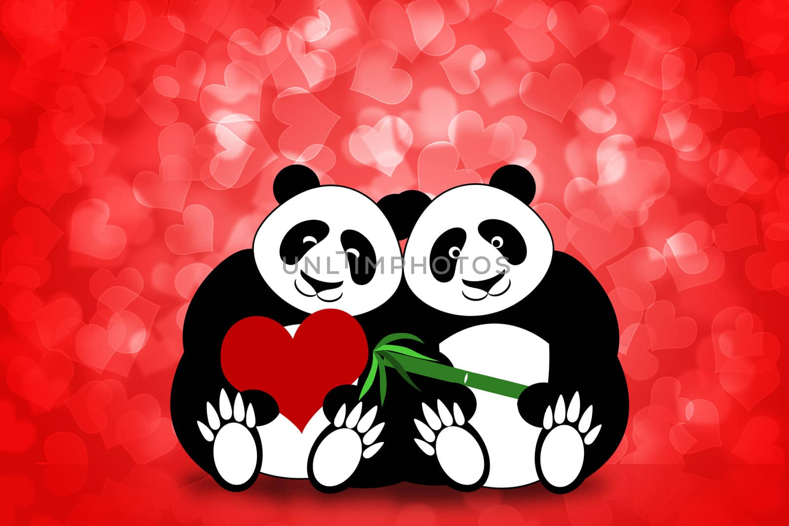 Happy Valentines Day Panda Bear Couple Hearts Bokeh Background Illustration