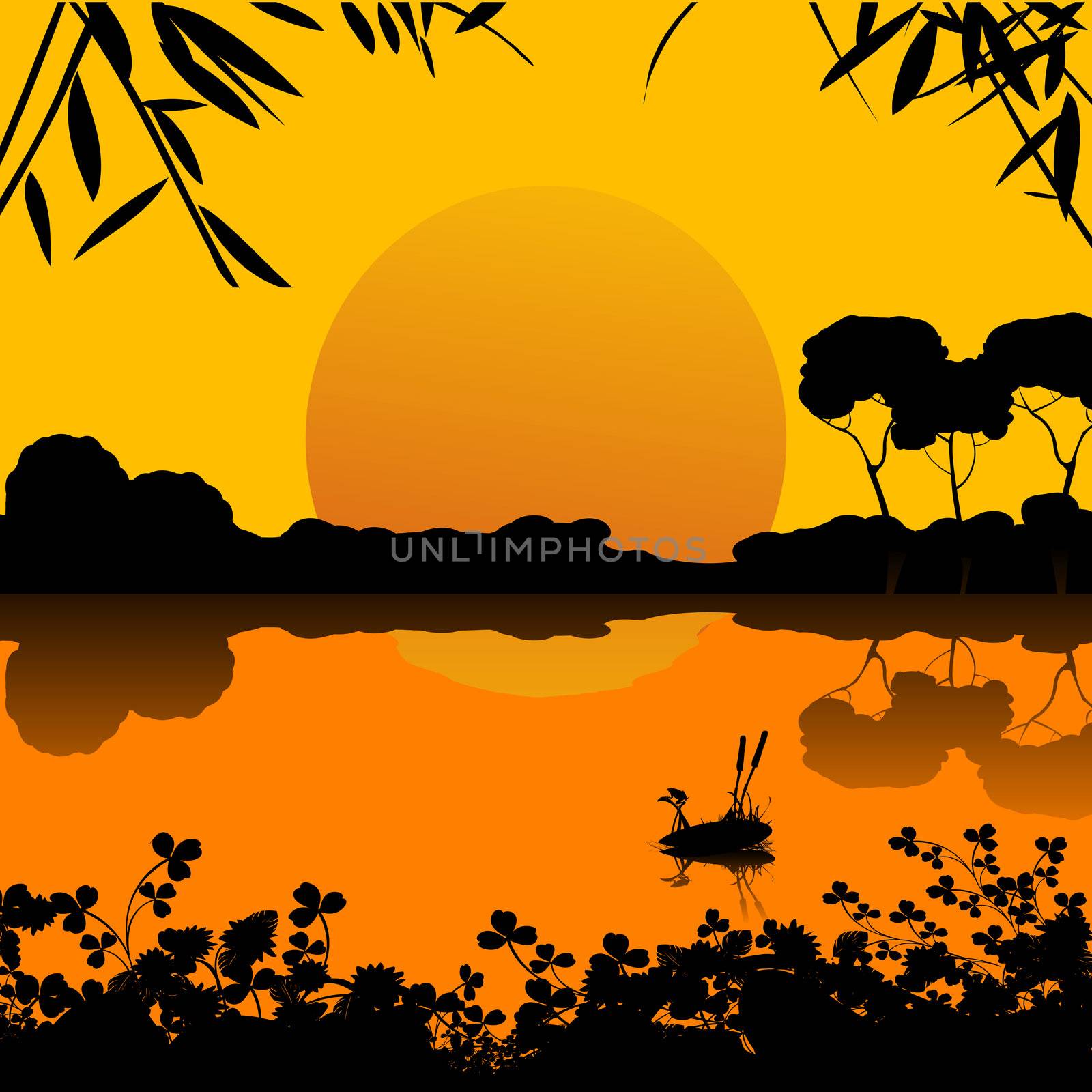 Background romantic with a sunset on a lake scene