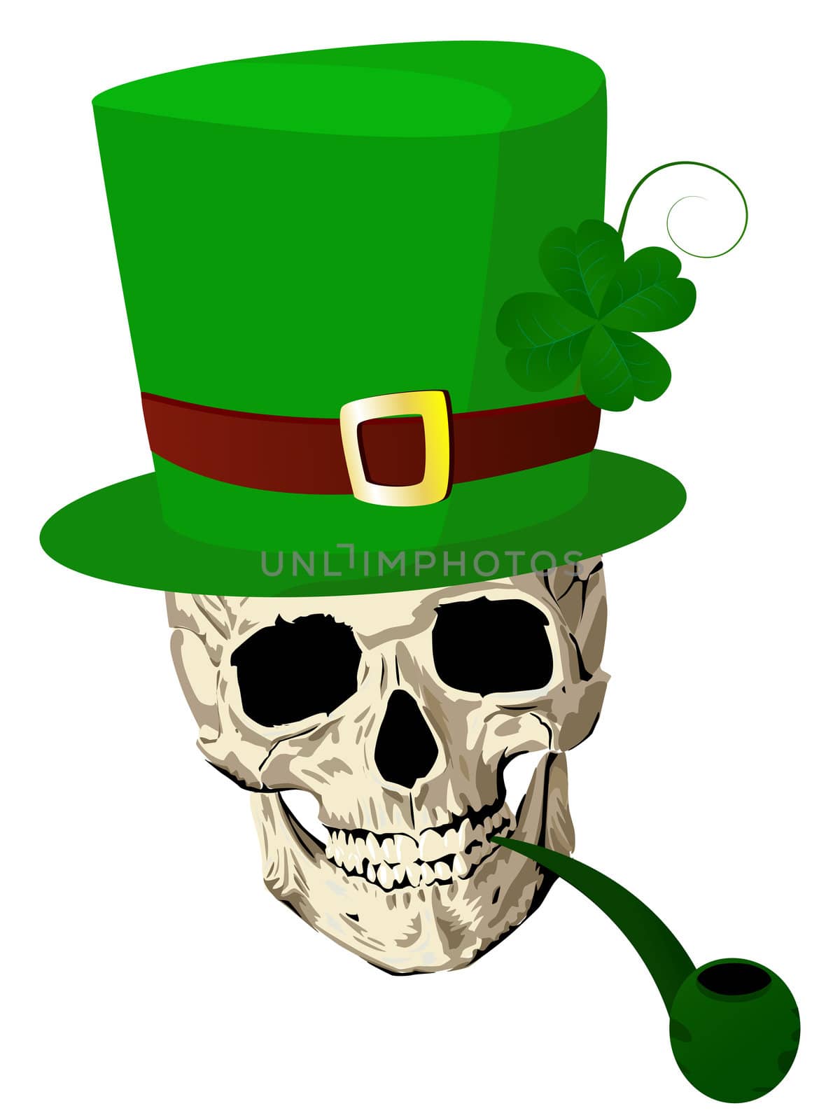 St.Patrick skull with four leaves clover hat and pipe