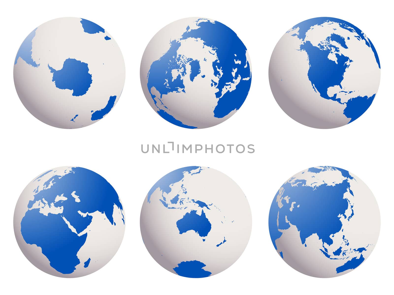 Shiny earth globes set against white background