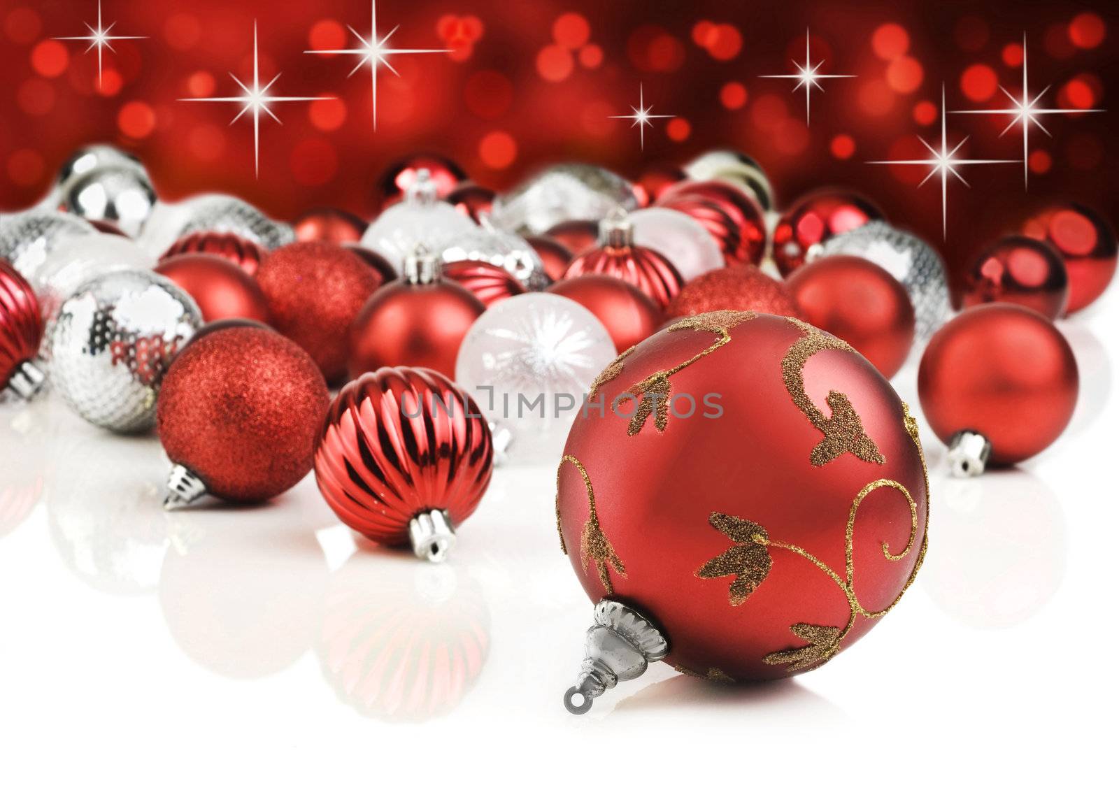 Red decorative christmas ornaments with star background by tish1