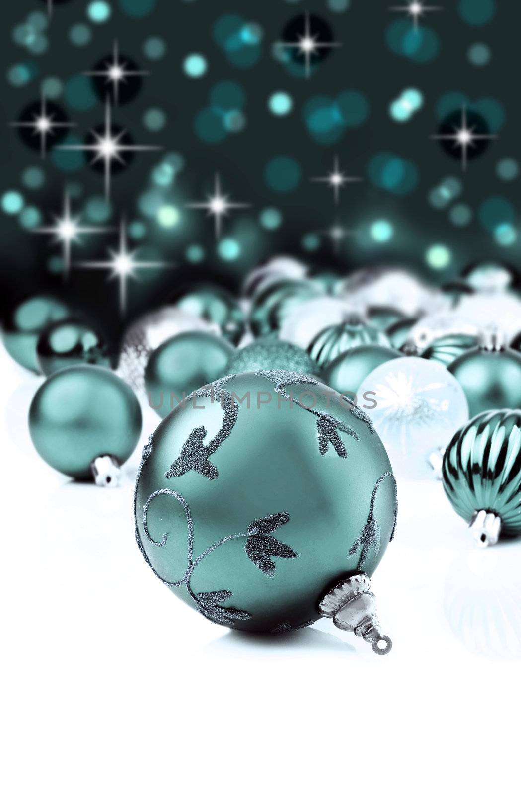 Blue decorative christmas ornaments with star background by tish1