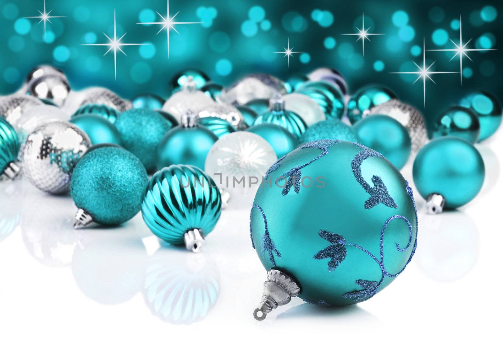 Blue decorative christmas ornaments with star background by tish1