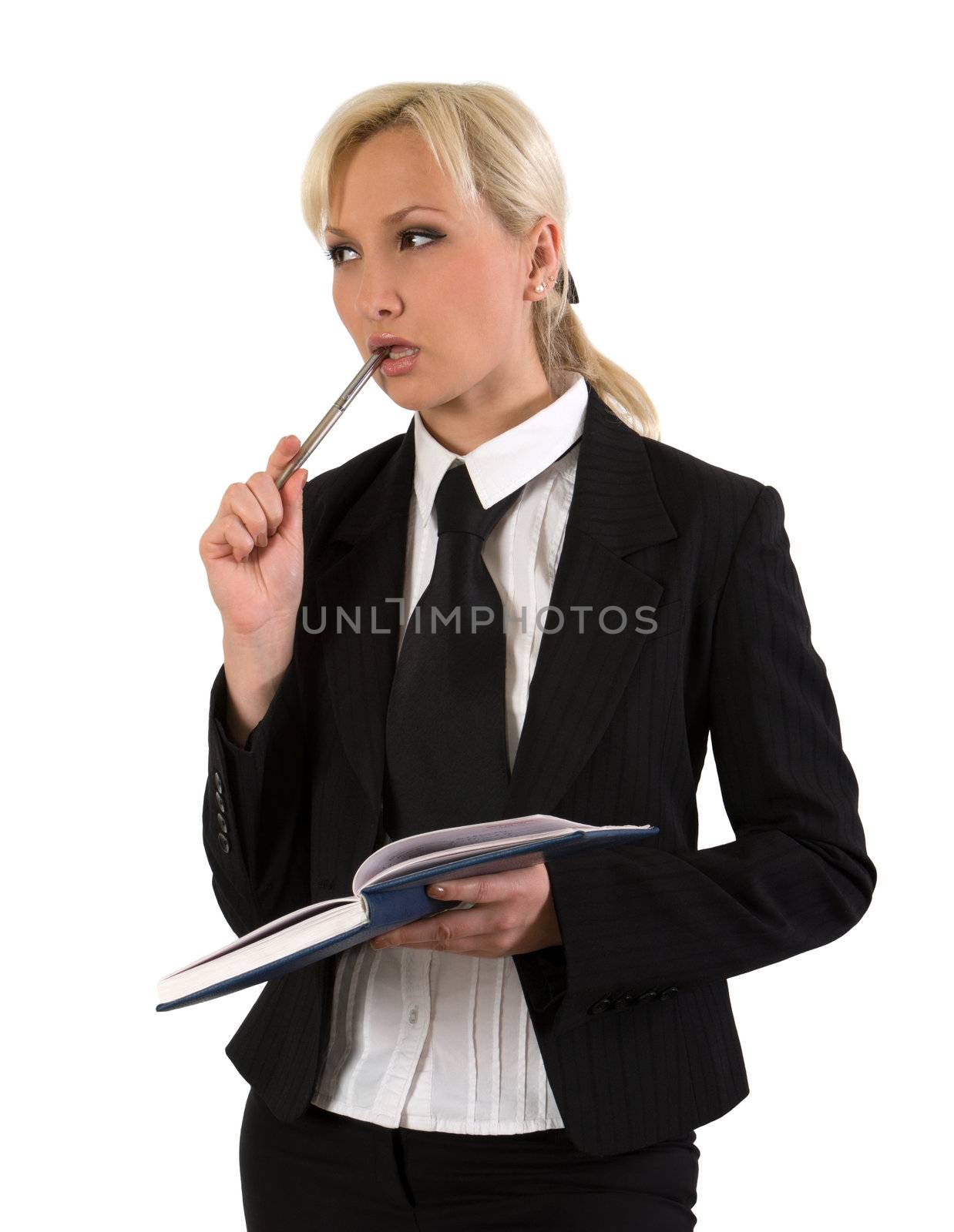 Thoughtful young woman with organizer and a pen against white background.