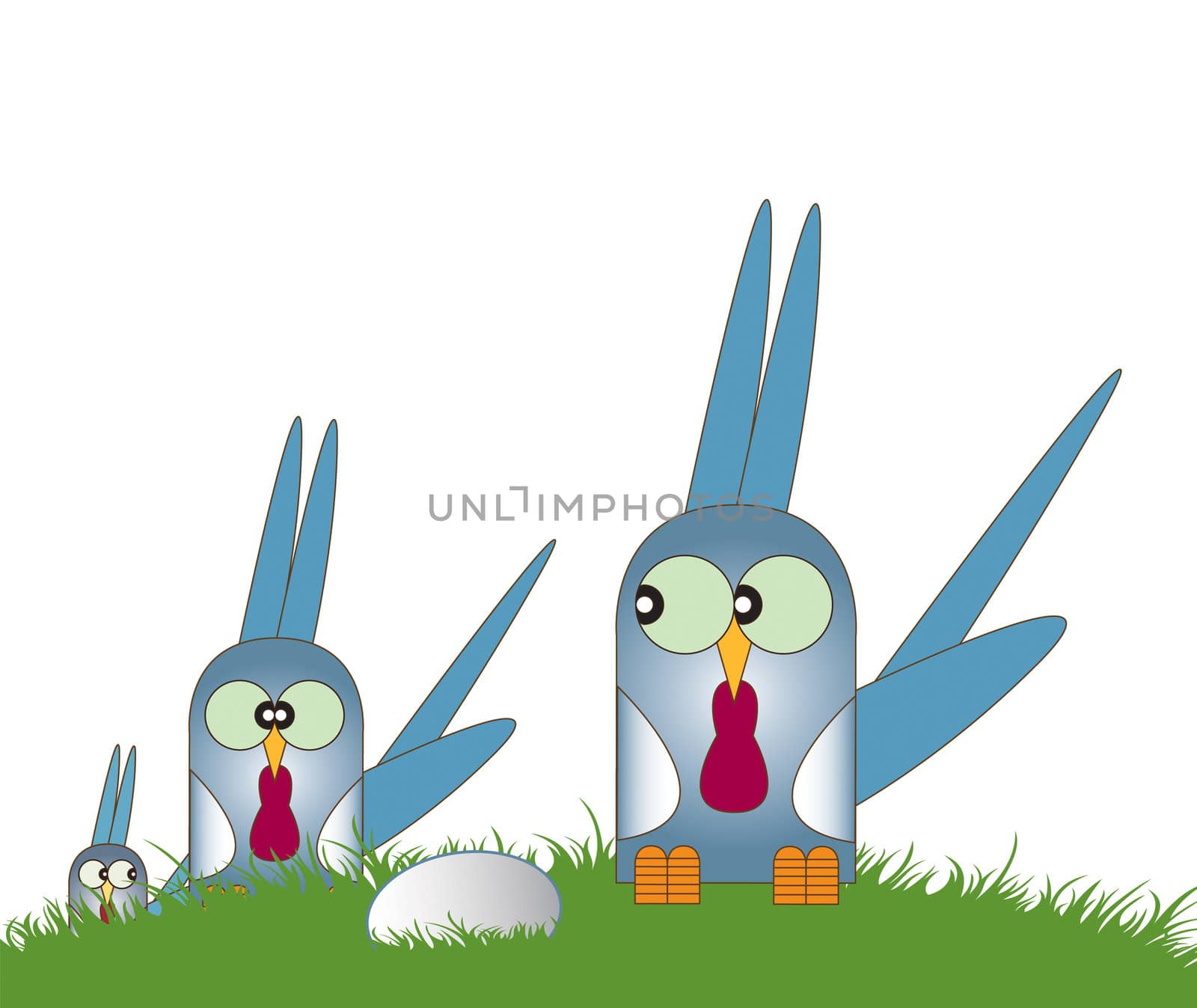 A cartoon illustration of three stylized exotic looking birds set on a green grass mound. Set on an isolated white background. One bird has laid an egg in the grass.