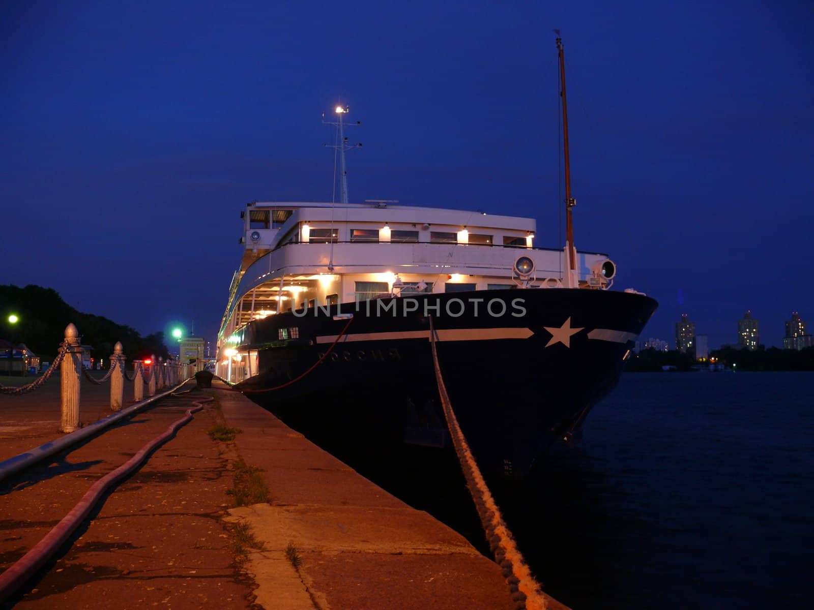 Ship in Moscow river station at night by Stoyanov