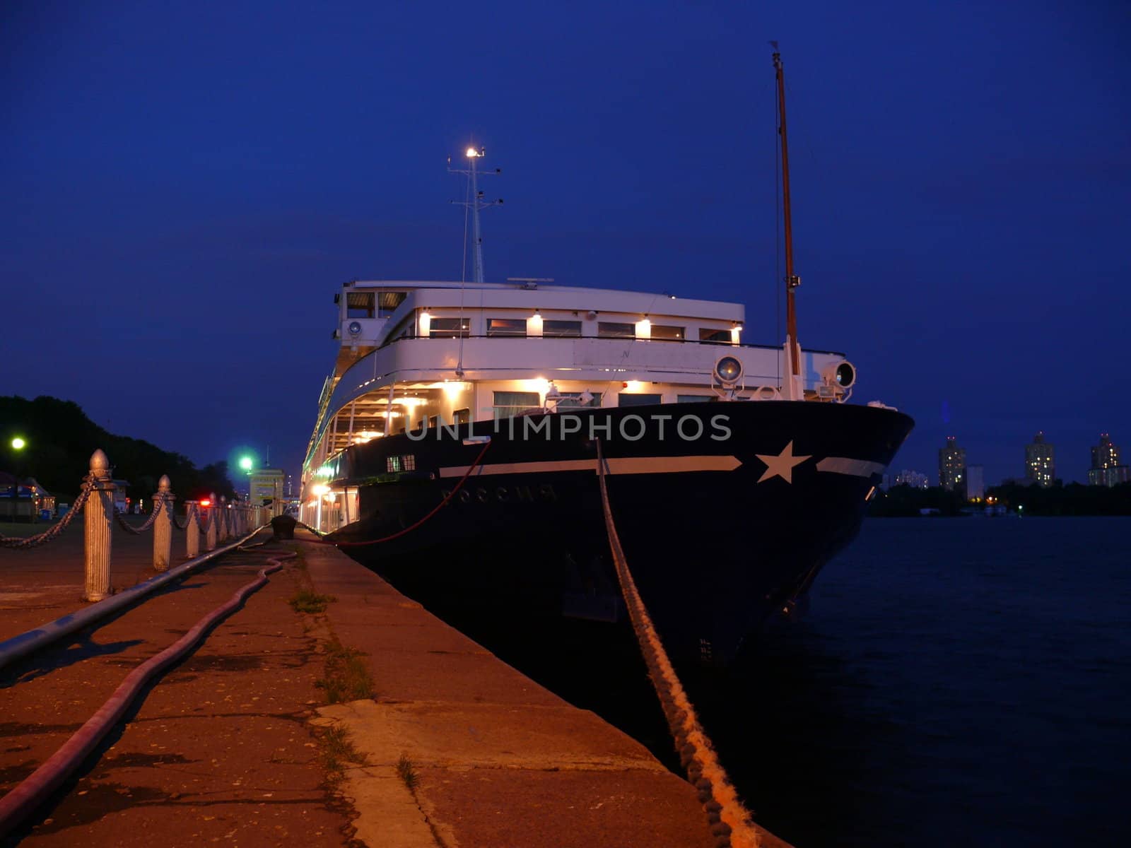 Ship in Moscow river station at night