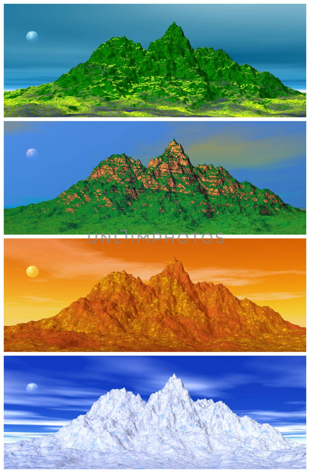 Landscapes of a mountain, the sky and the moon by spring, summer, autumn and winter time.
