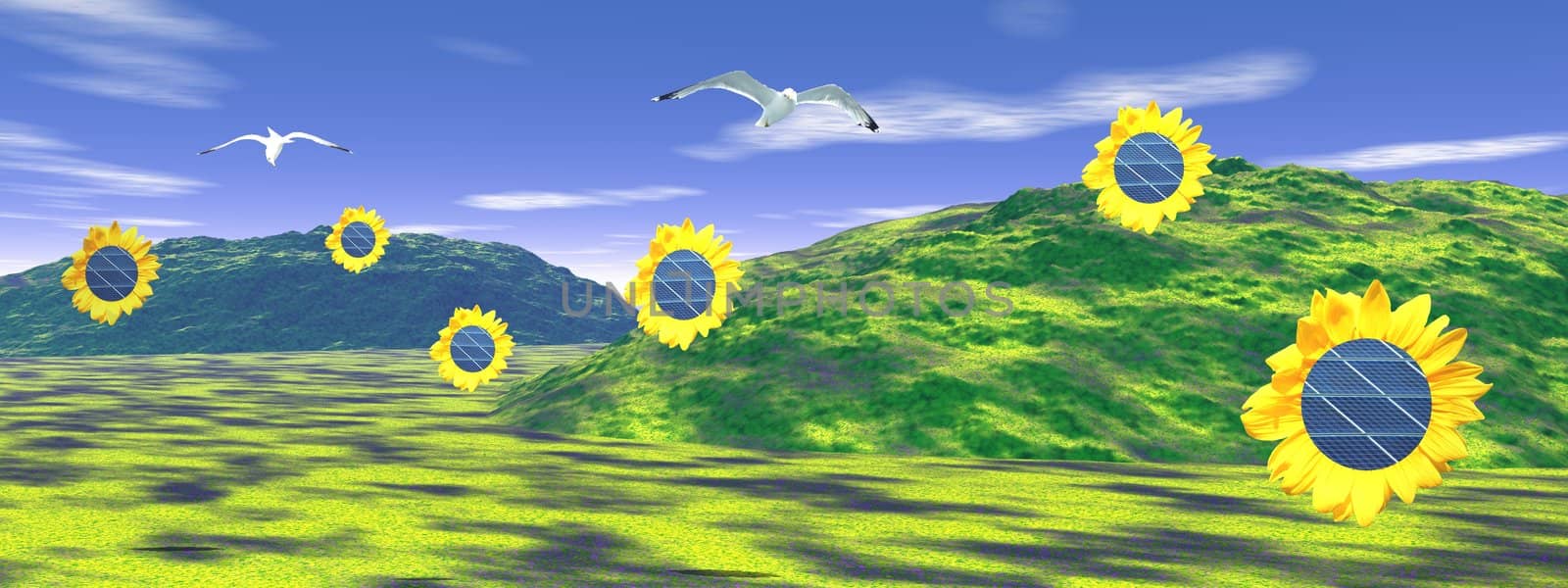 Sunflowers with solar panels inside in a beautiful green landscape with hills and birds