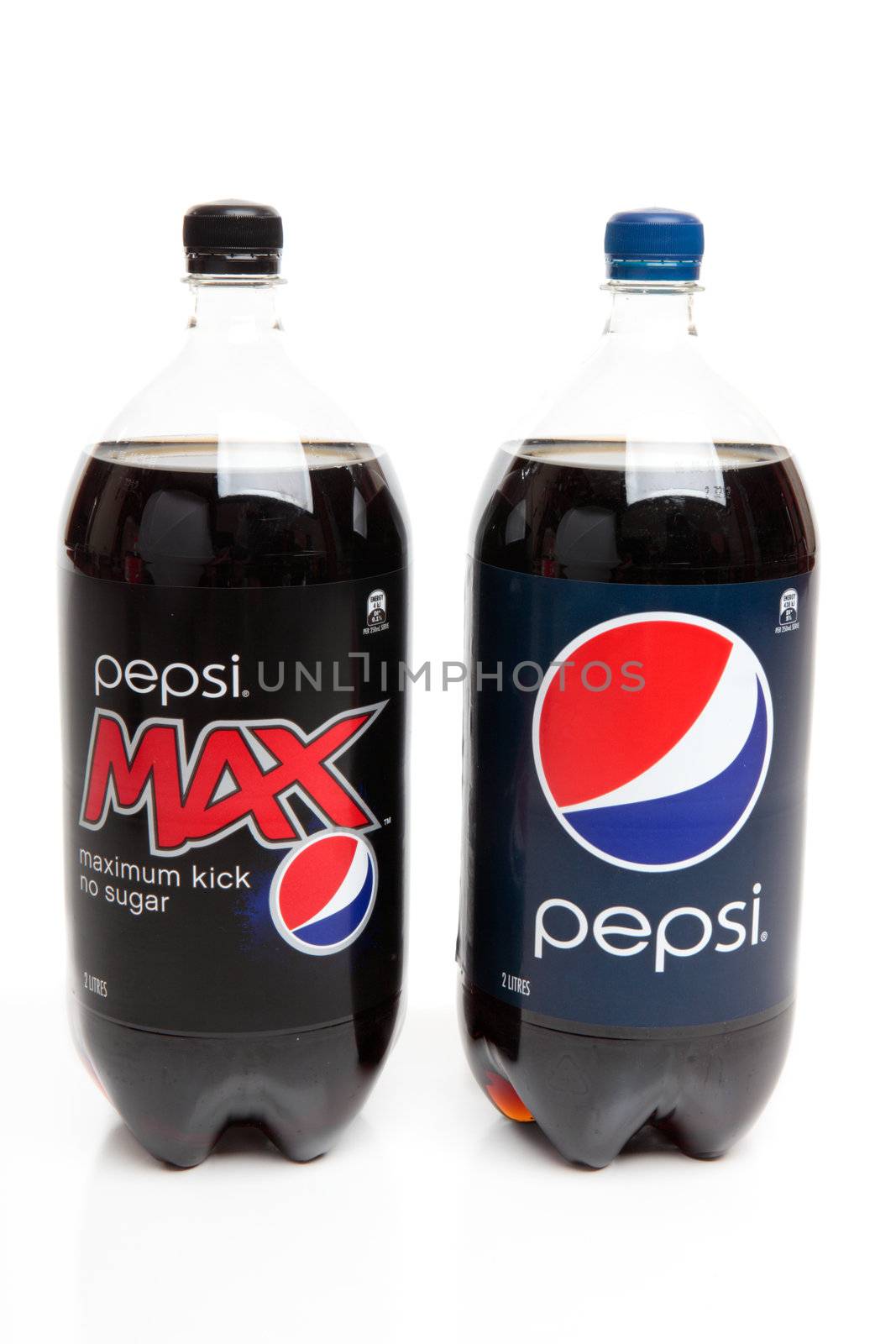 Bottles of softdrink,  carbonated cola drink,  Pepsi and sugar free Pepsi Max