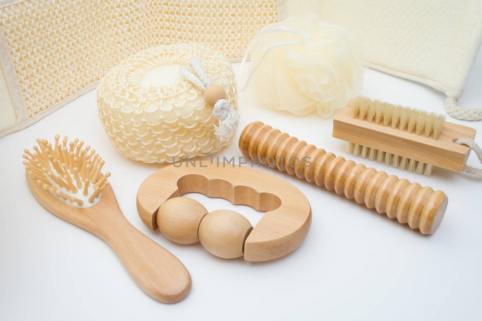 Bath set - sisal/cotton back massage belt, massage brush with wooden studs, massage roller, sponge, loofah, nylon tuff.