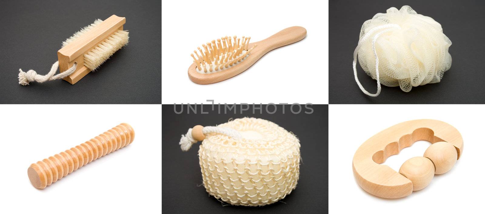 Set of items for a sauna on a white and black backgrounds