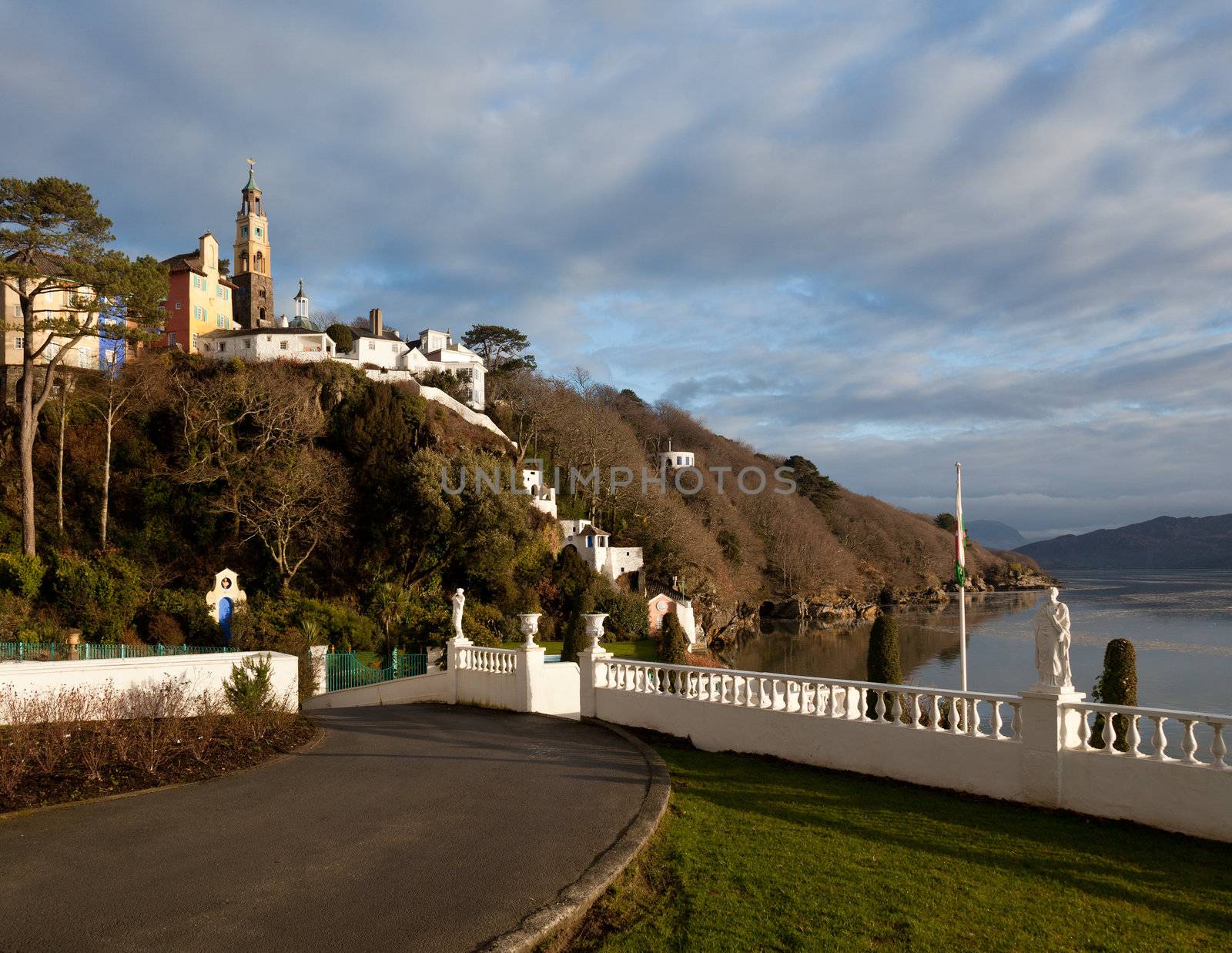 Portmerion village on the North coast of Wales in winter showing the fantasy houses