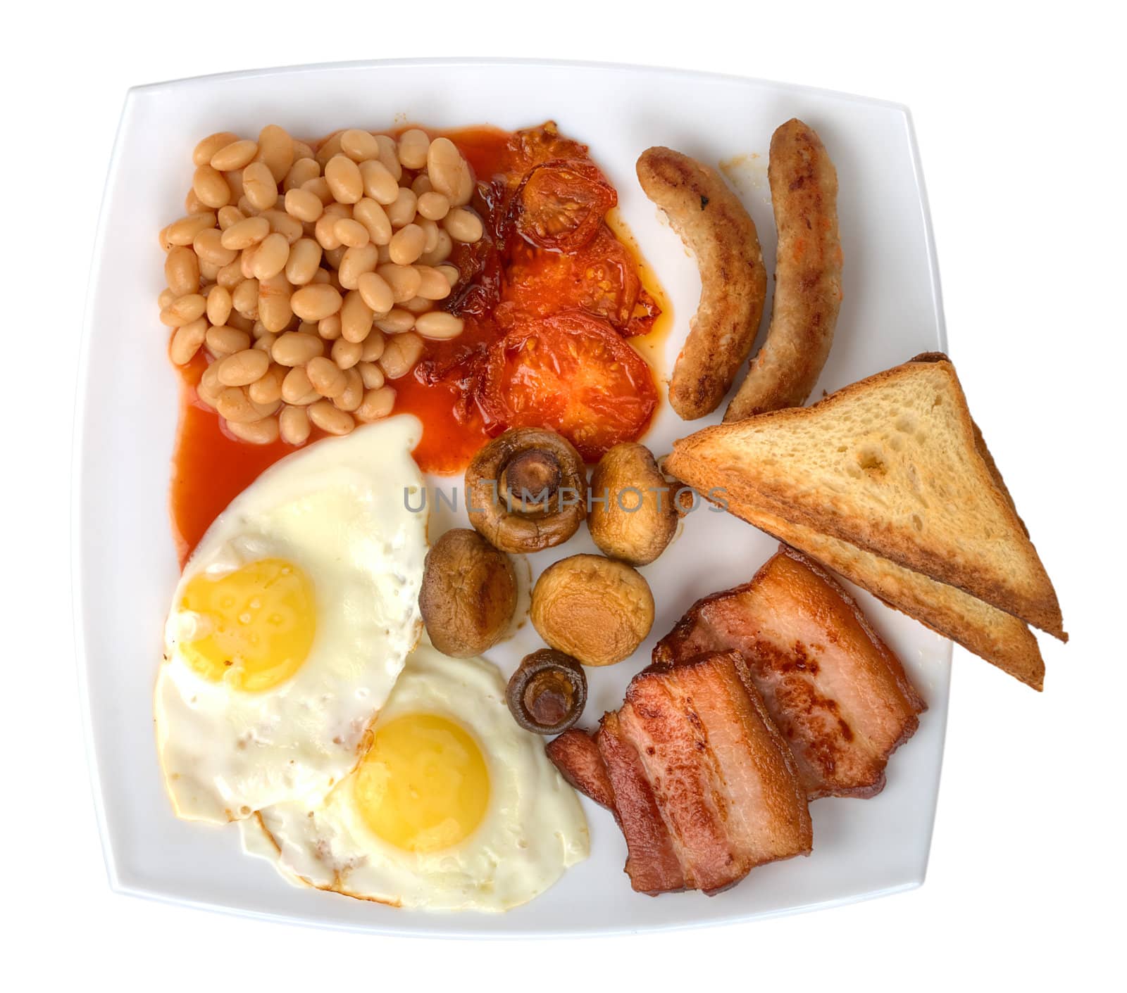 close-up traditional english breakfast, isolated on white