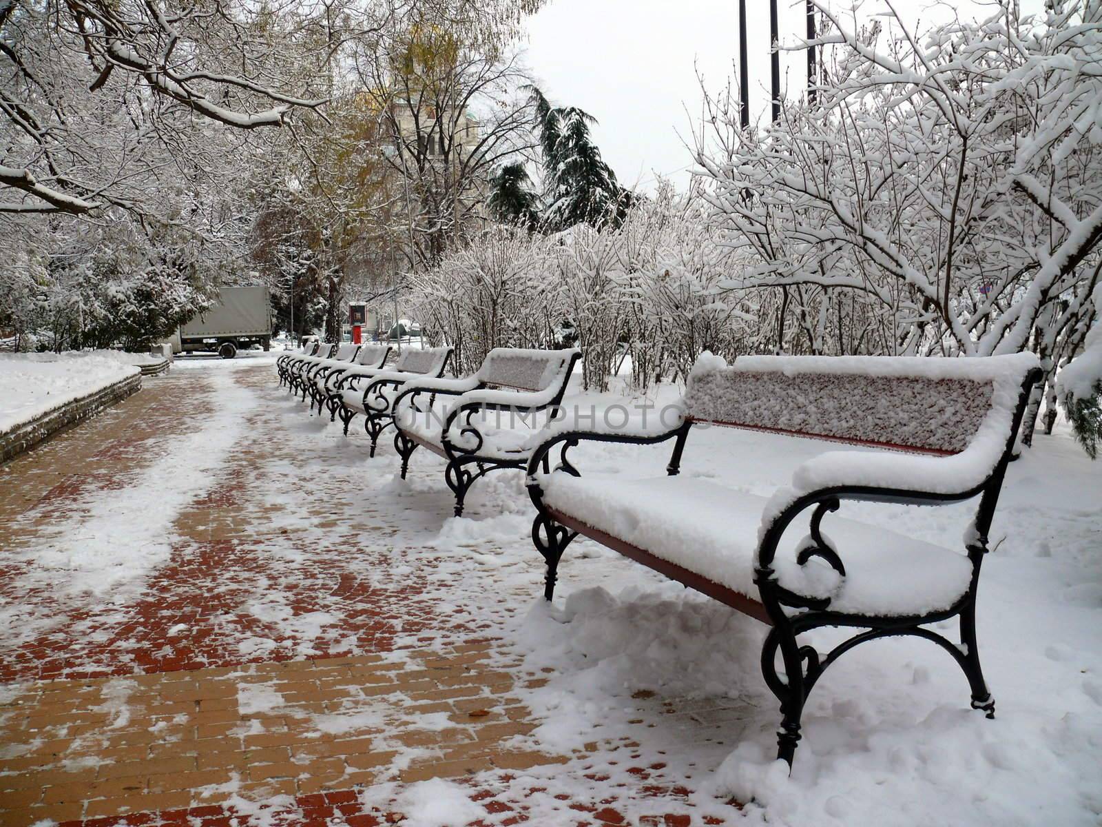 Benches with snow in Sofia, Bulgaria