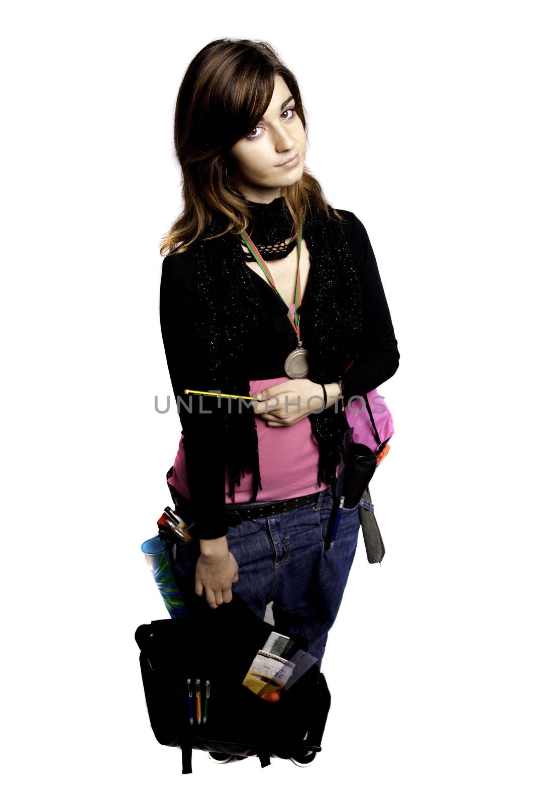 View of a teenager school girl with school stuff on a white background.