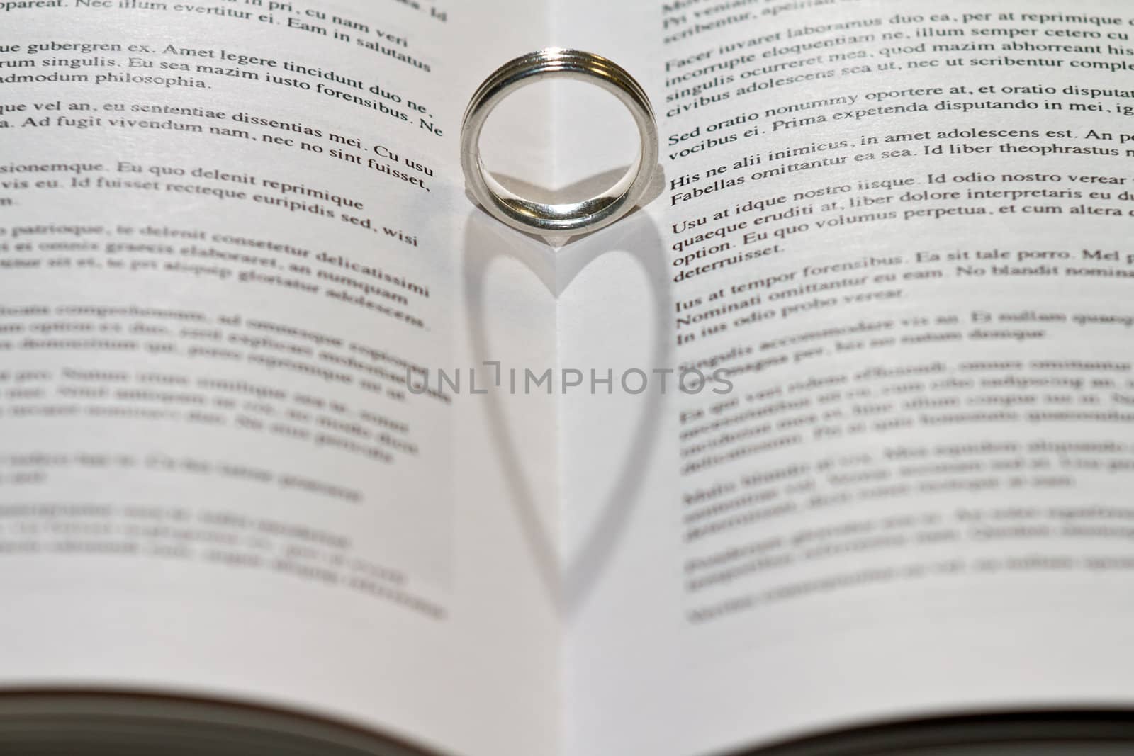 Ring casting heart shadow in book.
