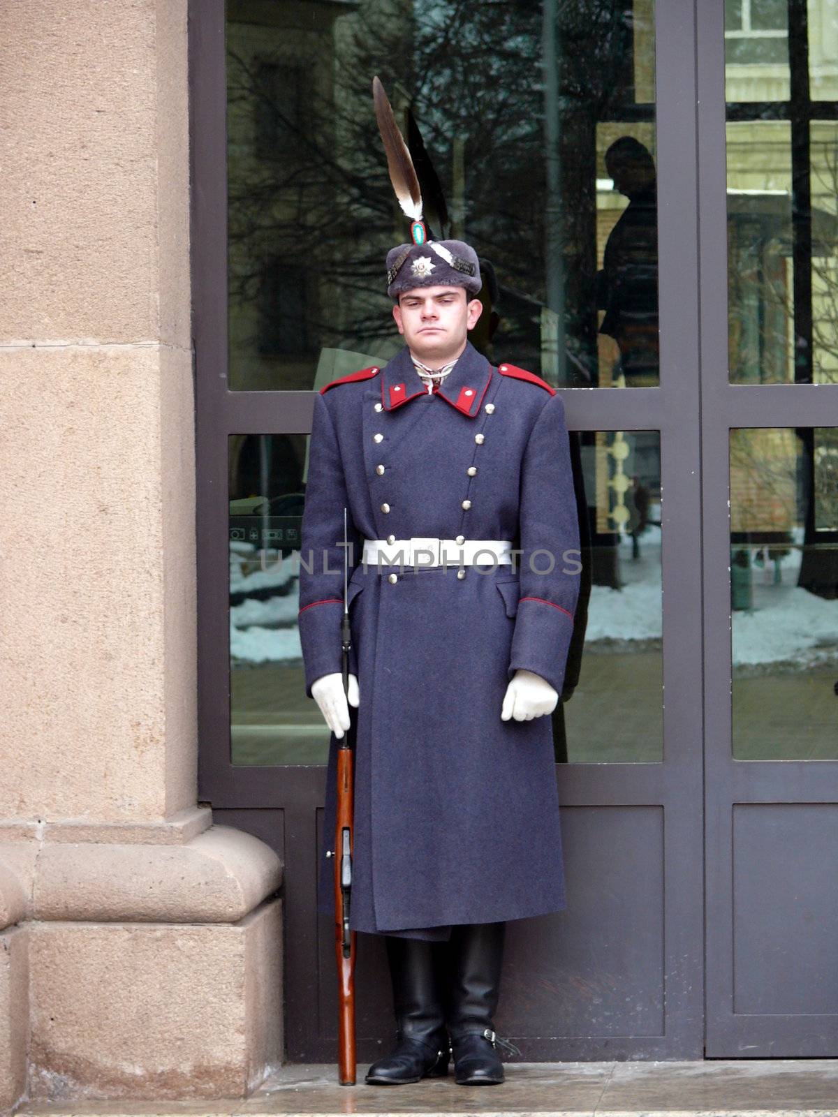 Bulgarian presidency guard stands in the parliament entrance. Sofia city. Janyary 2010