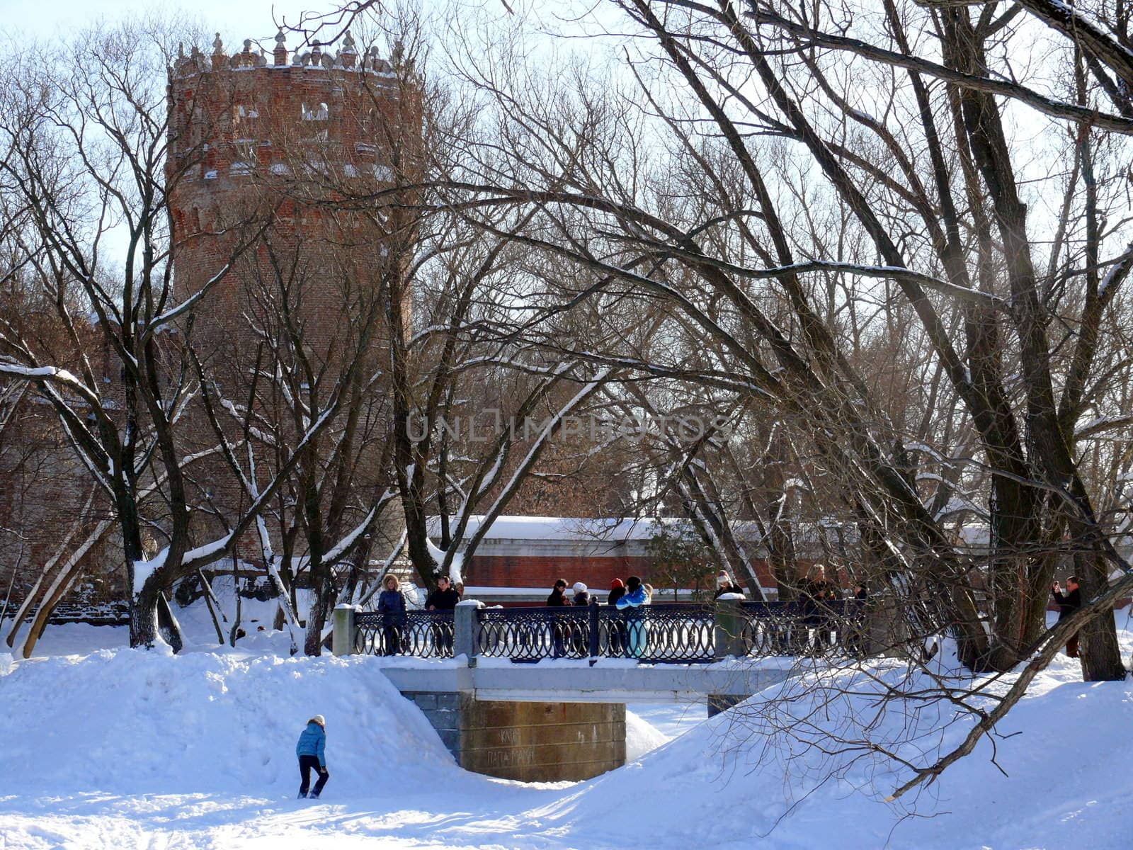Moscow, Russia - February 23, 2010: Winter day. Peoples walks near fort in Novodevichiy monastery in Moscow, Russia