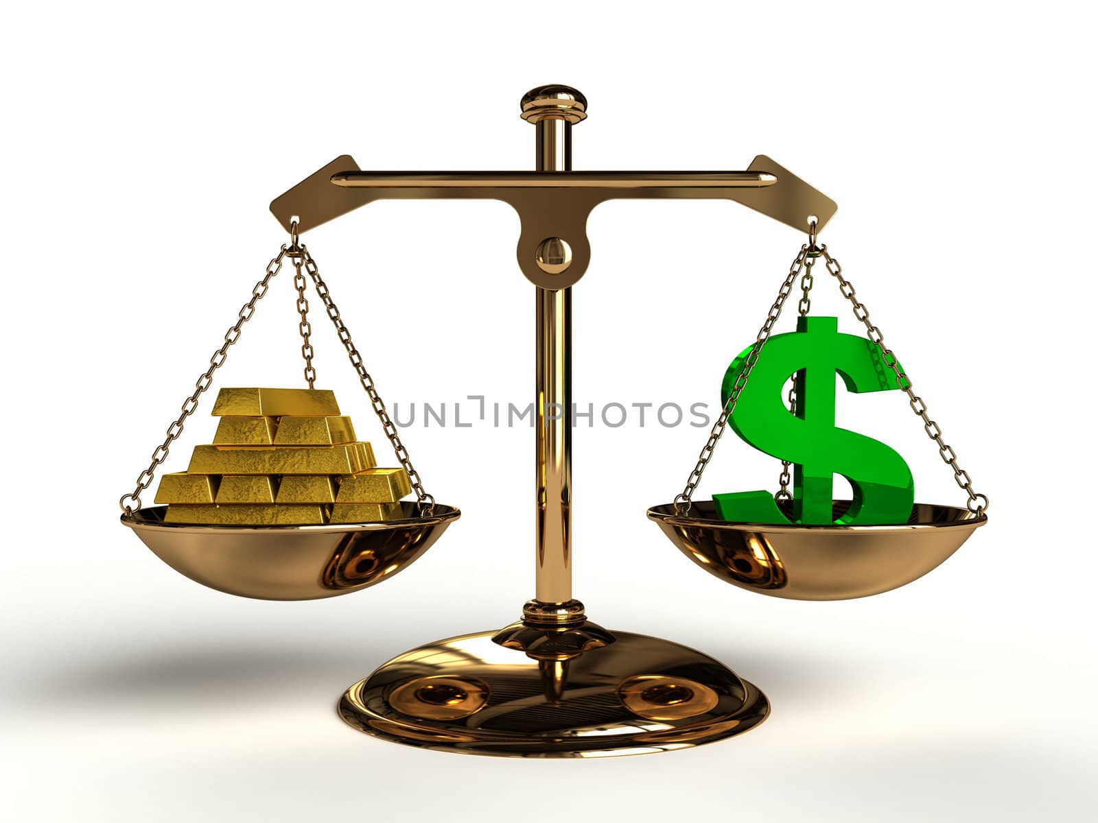 The value of Money. On a golden balance, are compared in a green dollar symbol and a lot of gold bullion, computer-generated conceptual image.