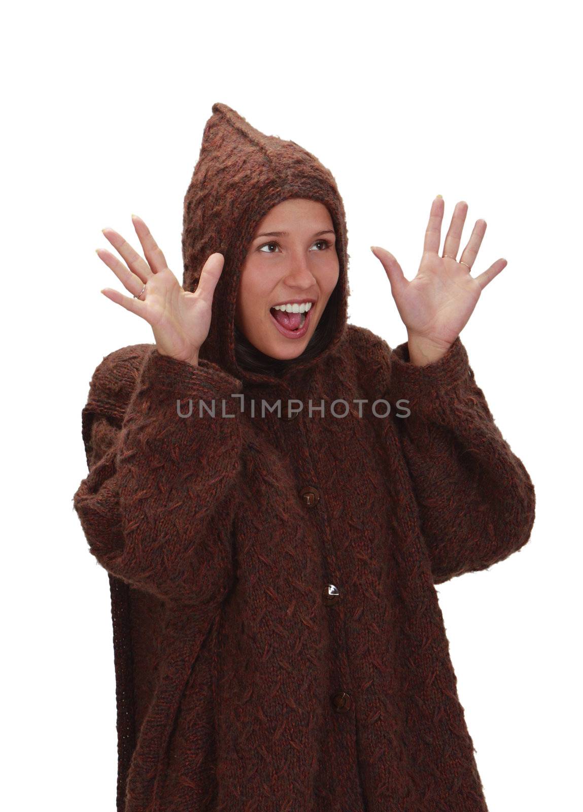 Woman wearing winter clothes isolated against a white background.