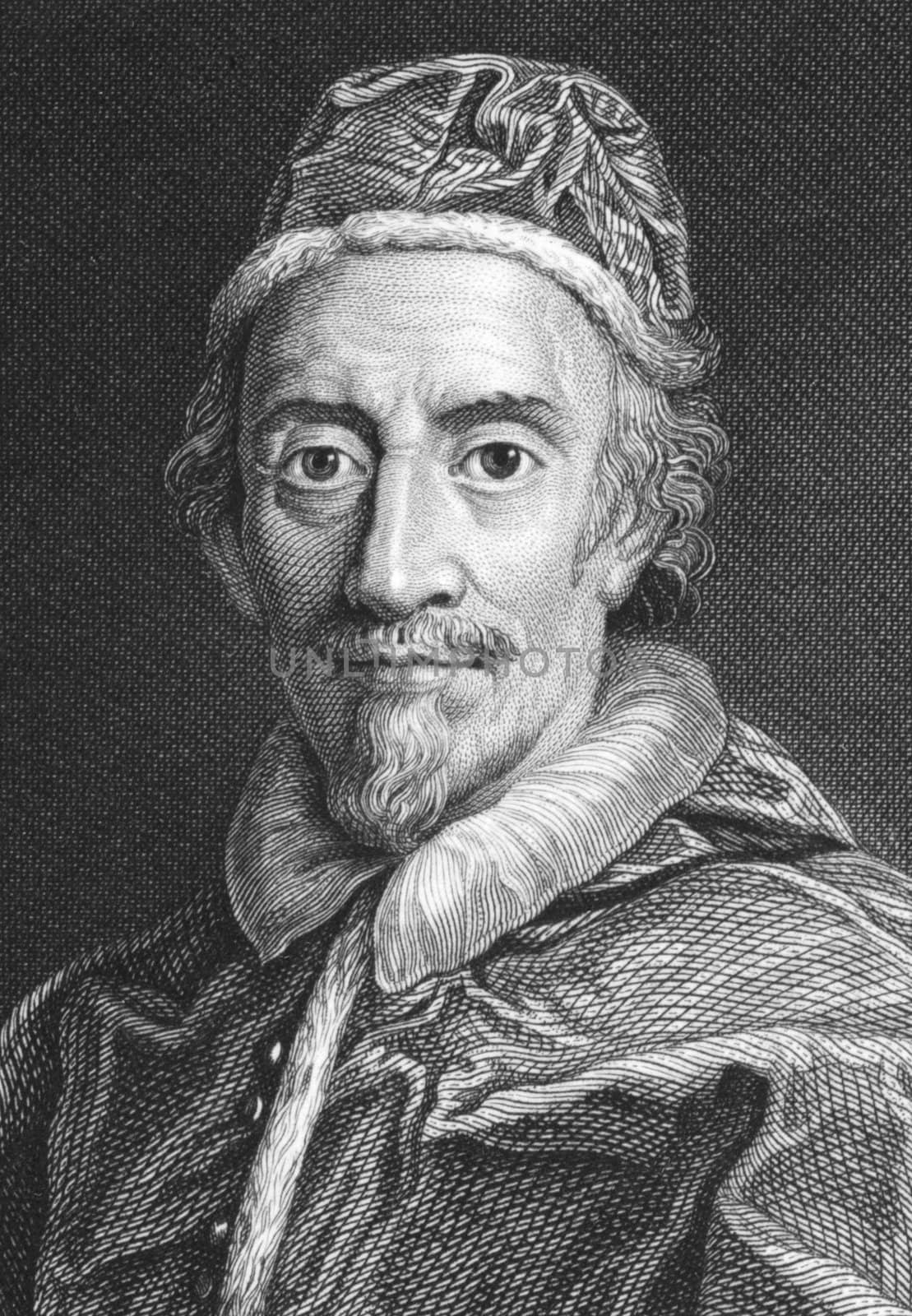 Pope Clement IX (1600-1669) on engraving from the 1800s. Born Giulio Rospigliosi, was Pope during 1667-1669. Engraved by J.Wedgwood from a painting by Carlo Maratti and published in 1821 for the Proprietor, London.