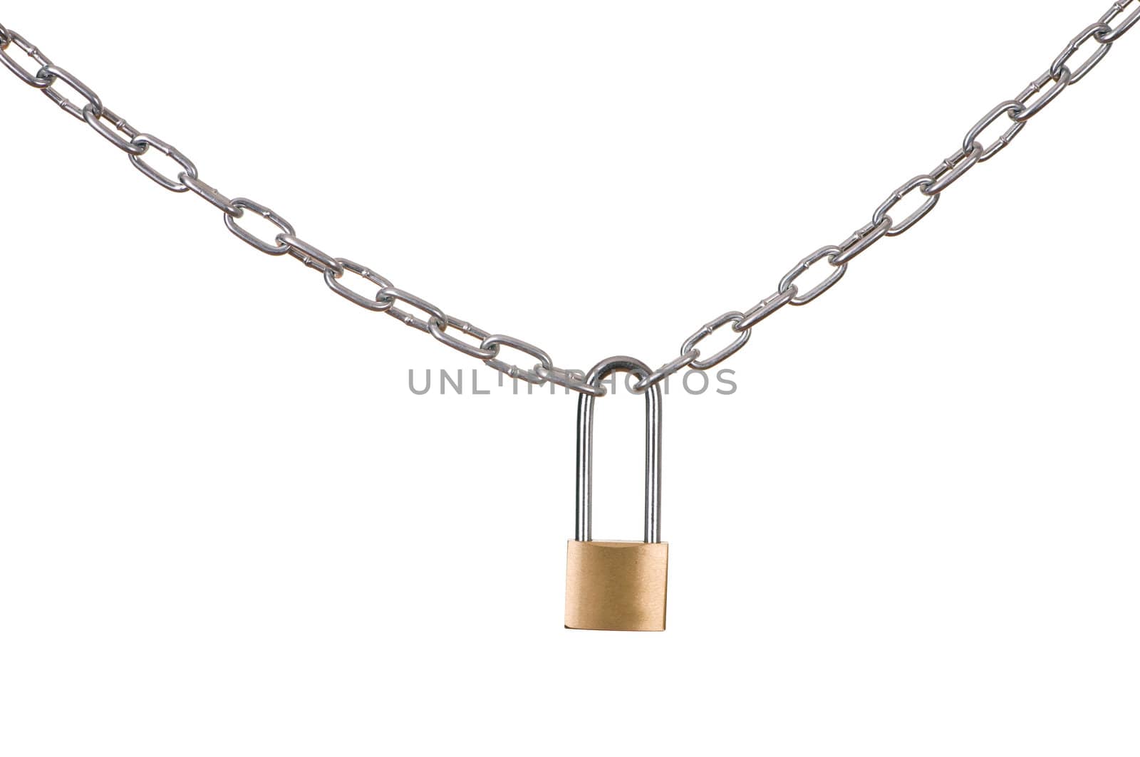 Long chain closed on the padlock isolated on white background