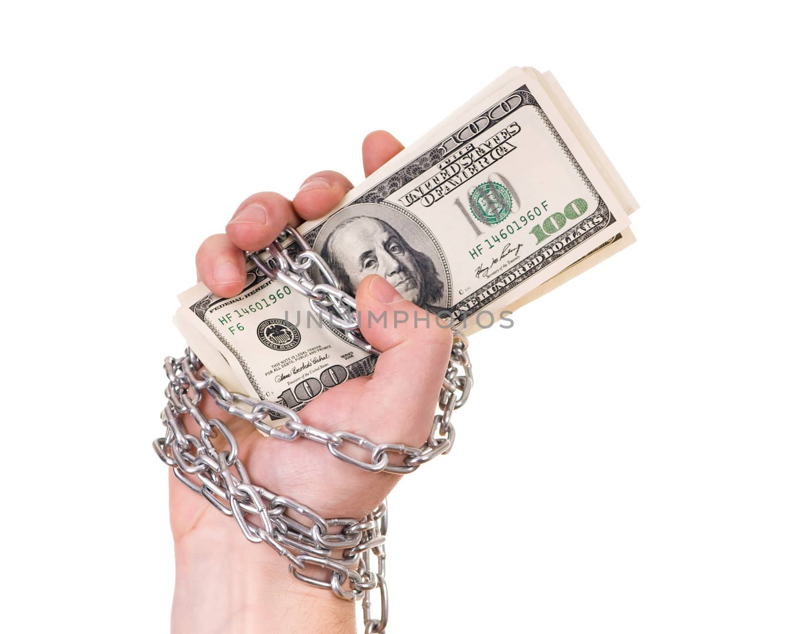 Hands with dollars  tied by a chain isolated on white background