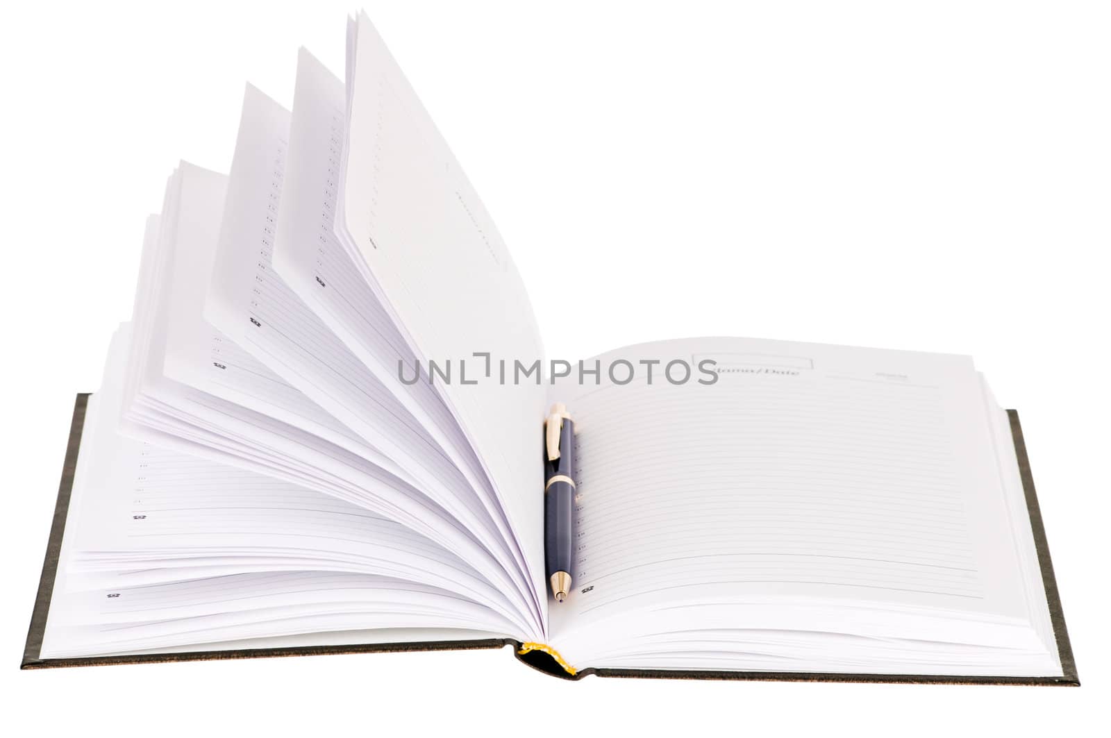 brown business diary with pen isolated on white background