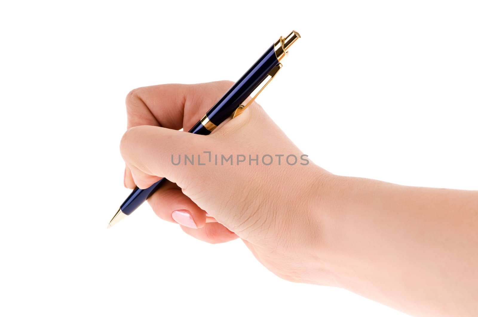 pen in the female hand isolated on white background